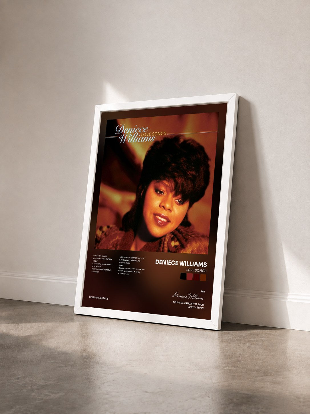 #blanc Tableau de l'album Love Songs de Deniece Williams vu de trois quarts, cadre blanc