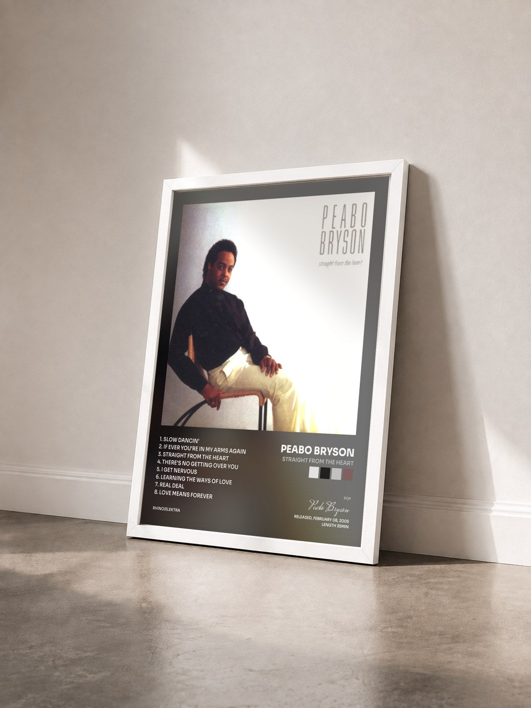 #blanc Tableau de l'album Straight From The Heart de Peabo Bryson vu de trois quarts, cadre blanc