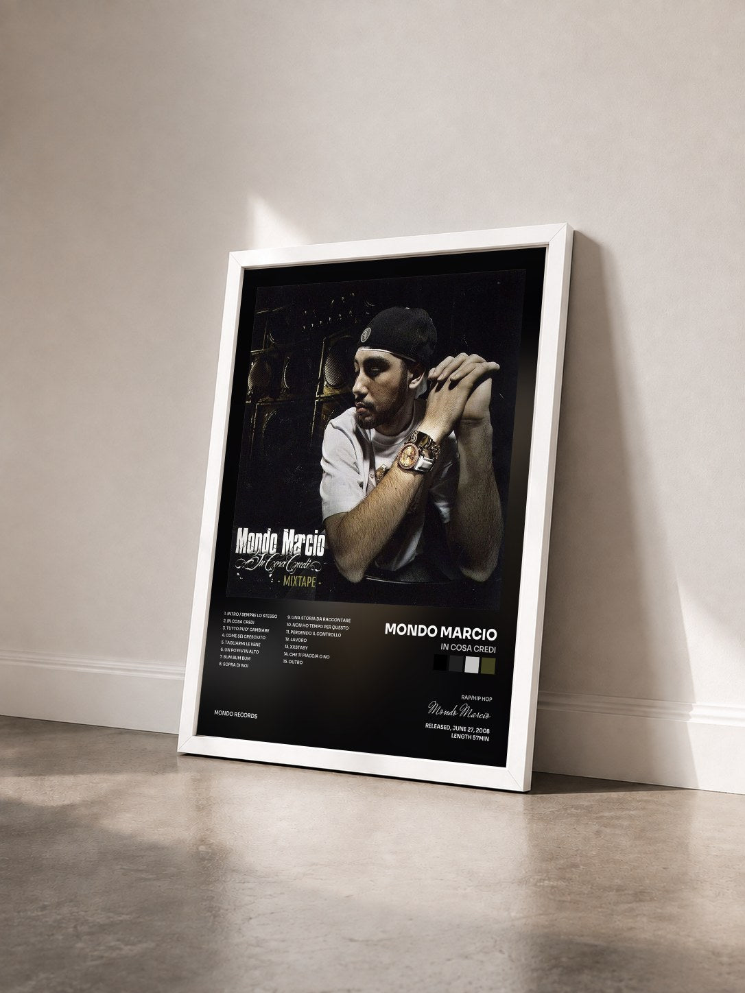 #blanc Tableau de l'album In cosa credi de Mondo Marcio vu de trois quarts, cadre blanc