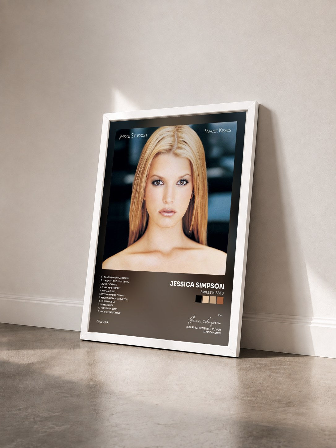 #blanc Tableau de l'album Sweet Kisses de Jessica Simpson vu de trois quarts, cadre blanc