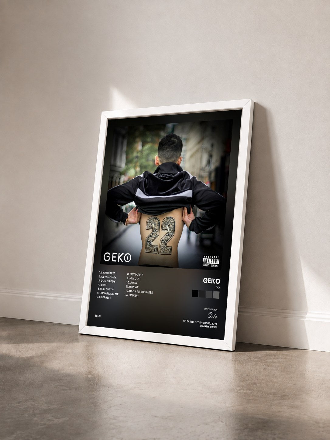 #blanc Tableau de l'album 22 de Geko vu de trois quarts, cadre blanc