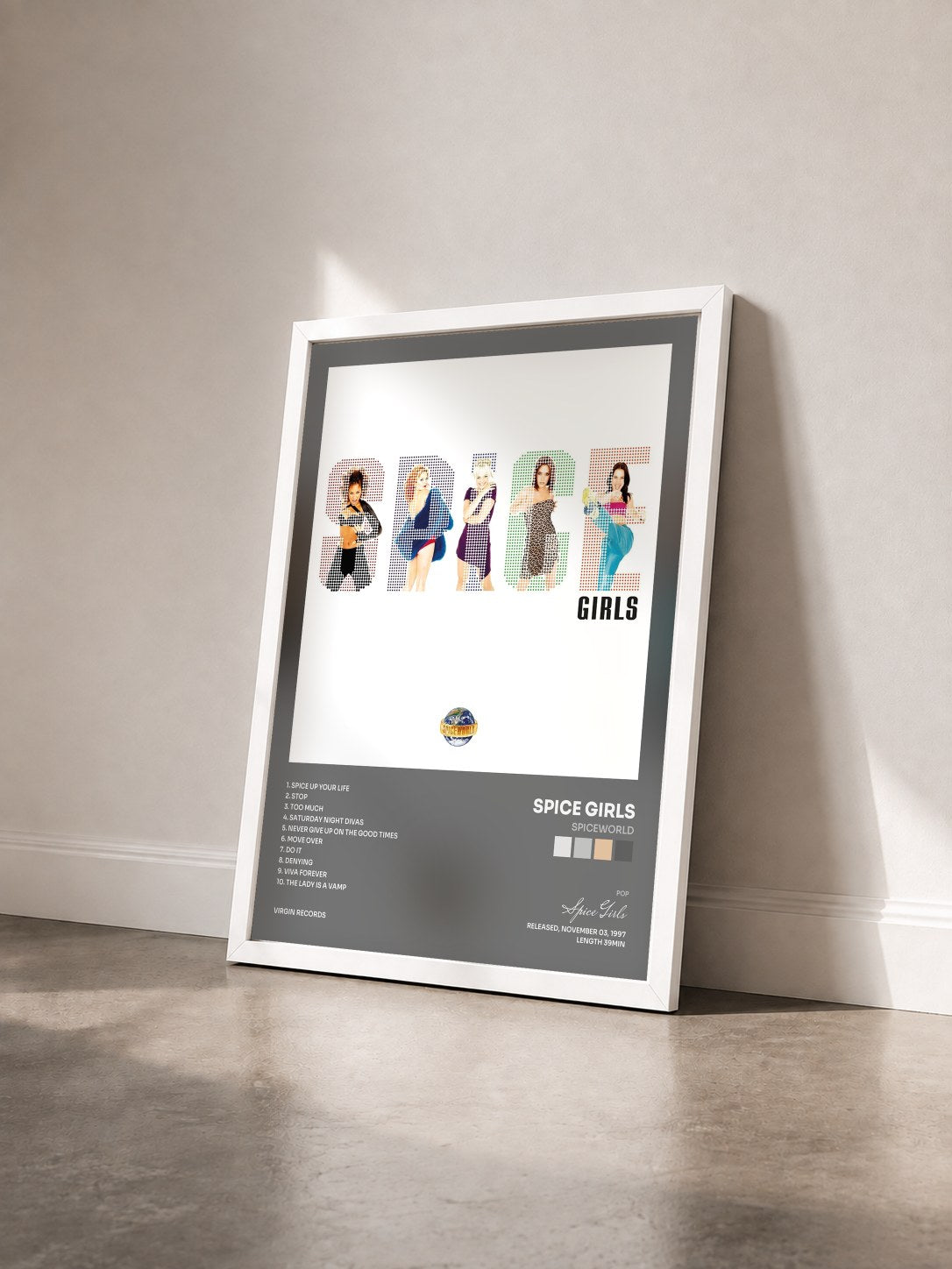 #blanc Tableau de l'album Spiceworld de Spice Girls vu de trois quarts, cadre blanc
