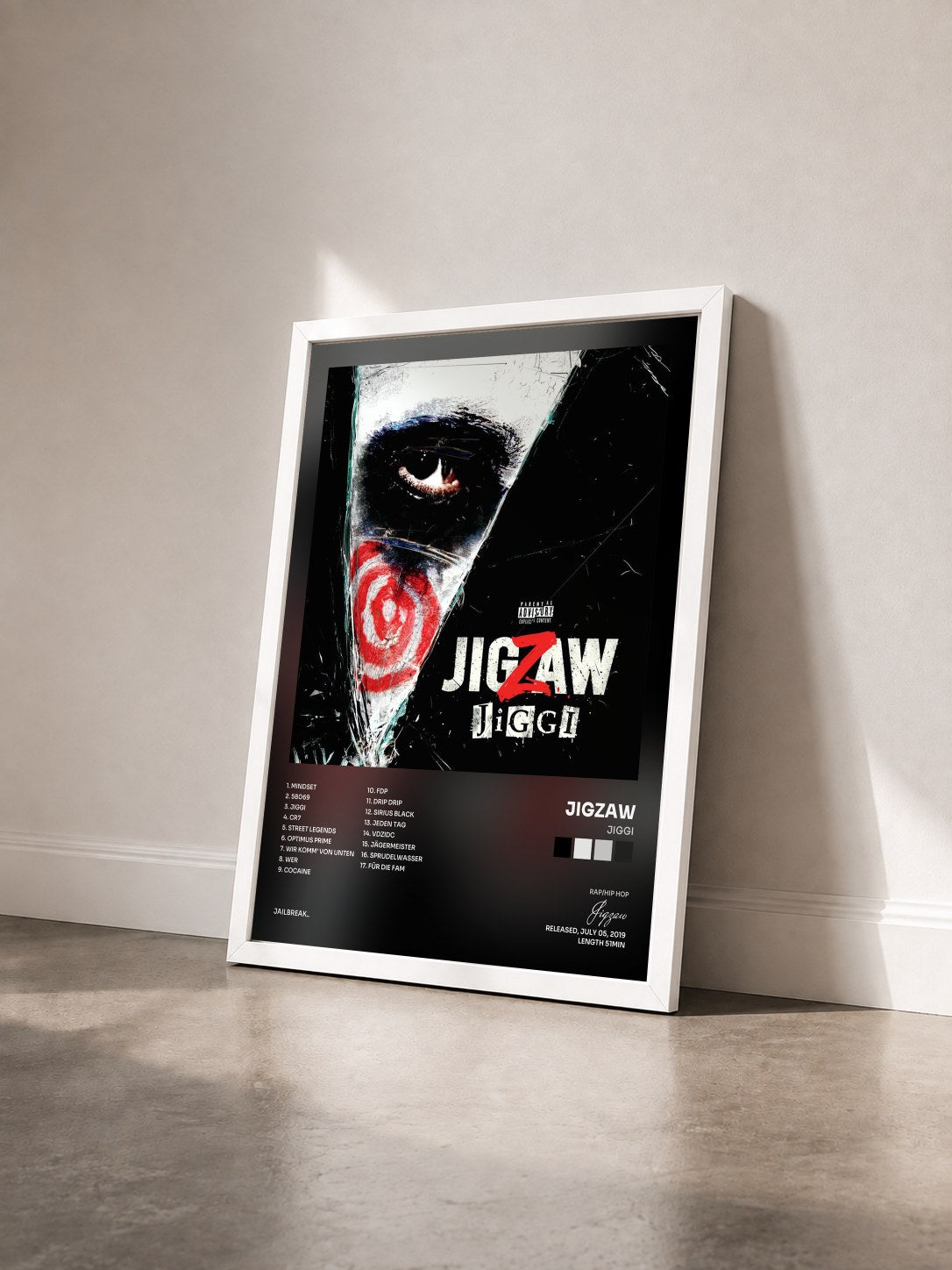 #blanc Tableau de l'album Jiggi de Jigzaw vu de trois quarts, cadre blanc