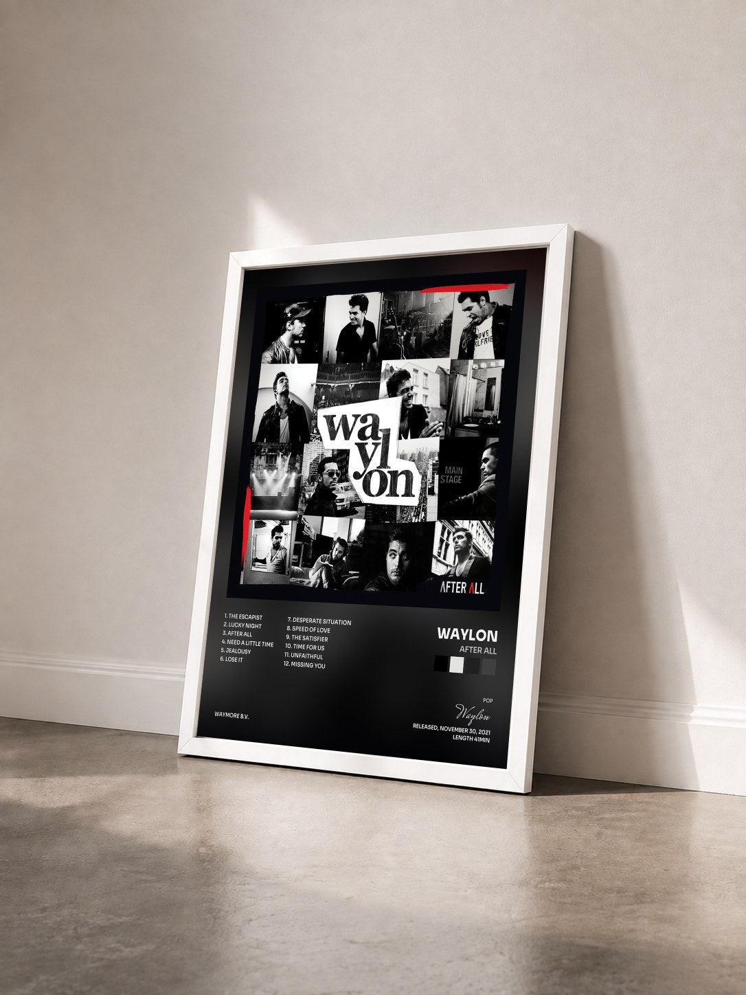 #blanc Tableau de l'album After All de Waylon vu de trois quarts, cadre blanc