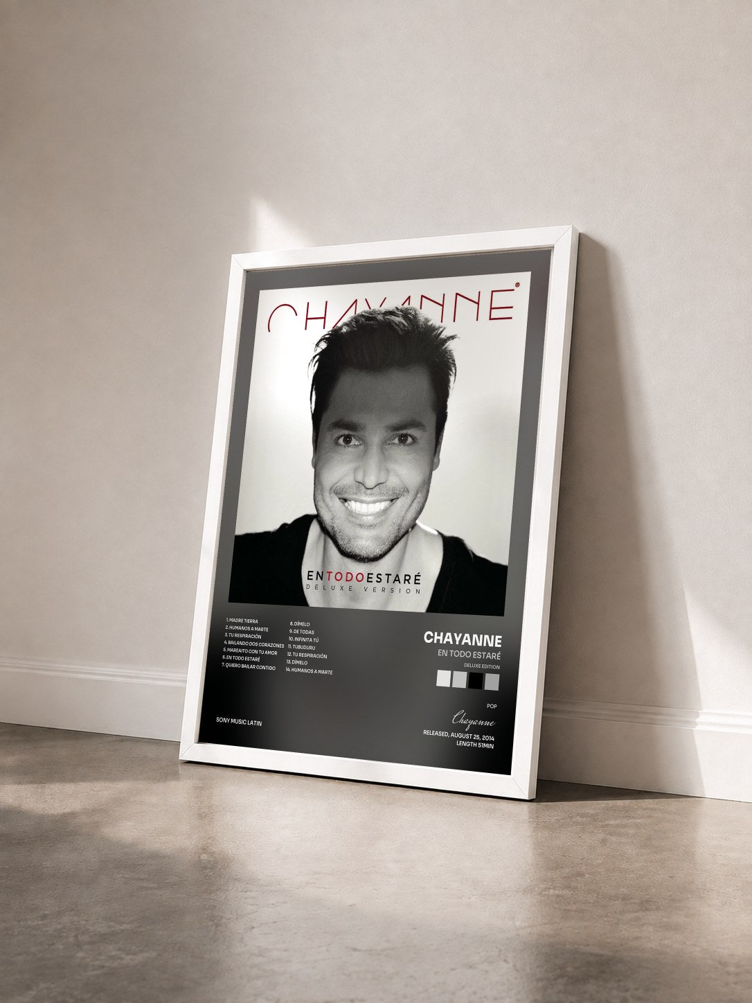 #blanc Tableau de l'album En Todo Estaré (Deluxe Edition) de Chayanne vu de trois quarts, cadre blanc