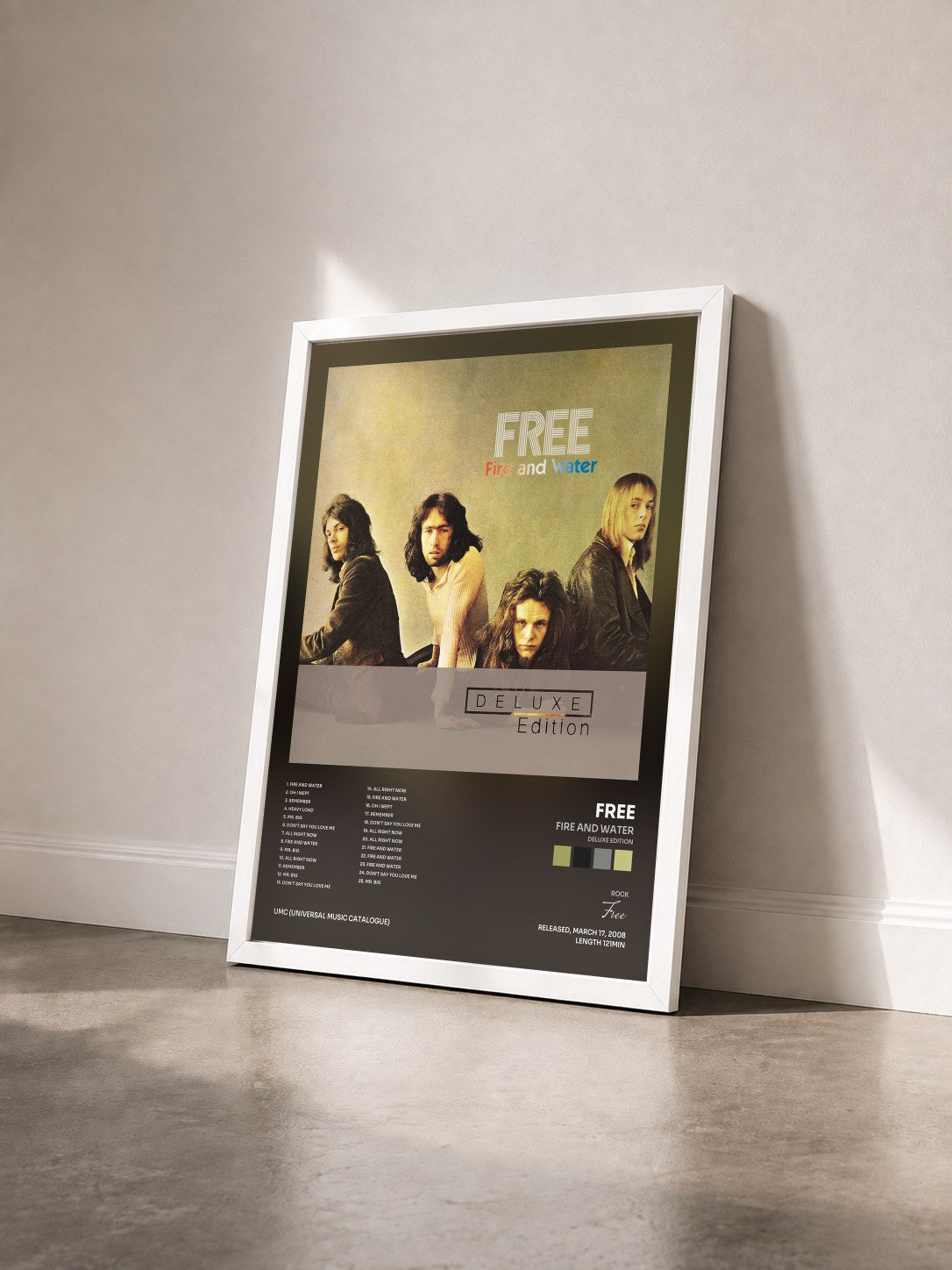 #blanc Tableau de l'album Fire And Water (Deluxe Edition) de Free vu de trois quarts, cadre blanc