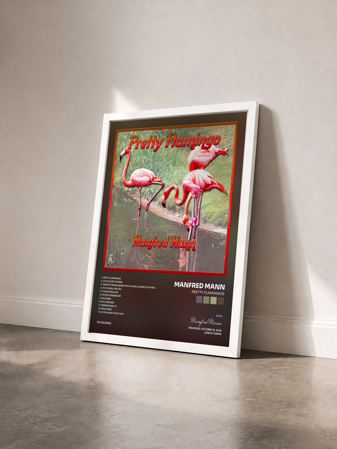 #blanc Tableau de l'album Pretty Flamingos de Manfred Mann vu de trois quarts, cadre blanc