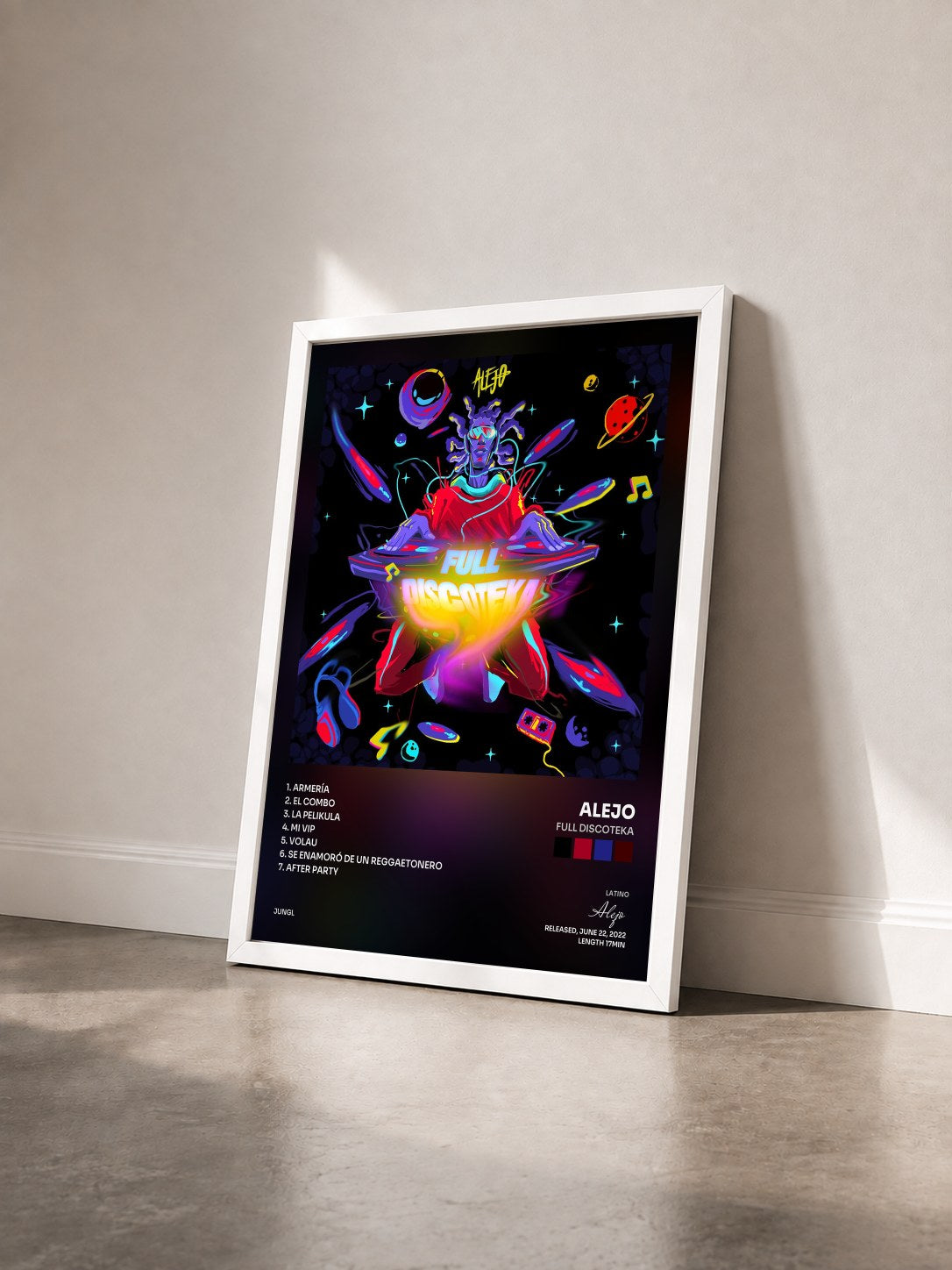 #blanc Tableau de l'album Full Discoteka de Alejo vu de trois quarts, cadre blanc