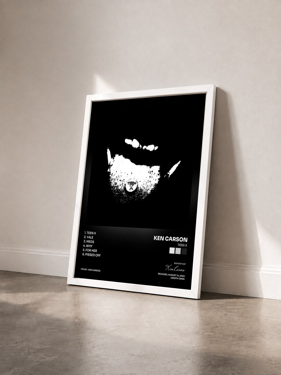 #blanc Tableau de l'album Teen X de Ken Carson vu de trois quarts, cadre blanc