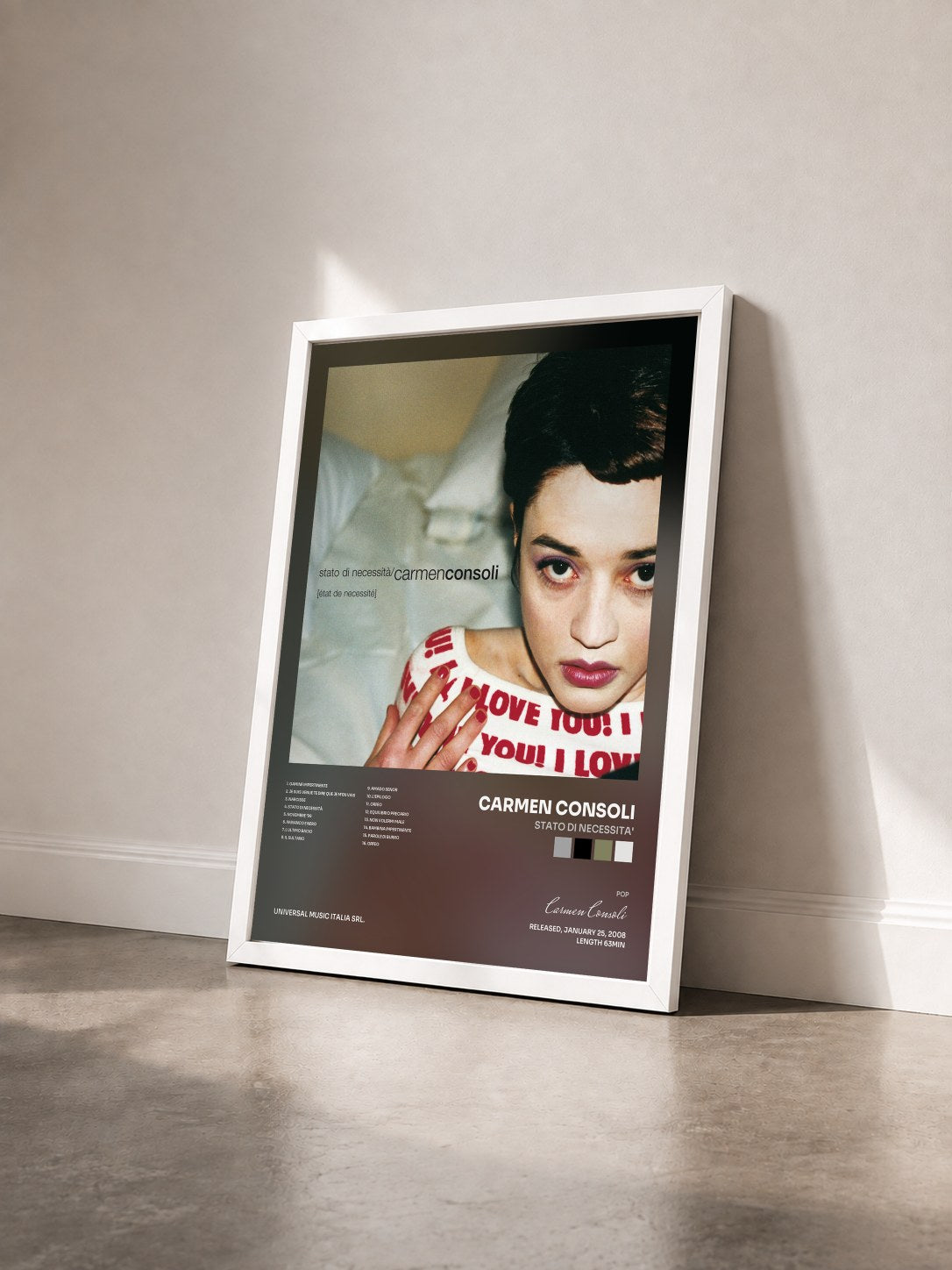 #blanc Tableau de l'album Stato Di Necessita' de Carmen Consoli vu de trois quarts, cadre blanc