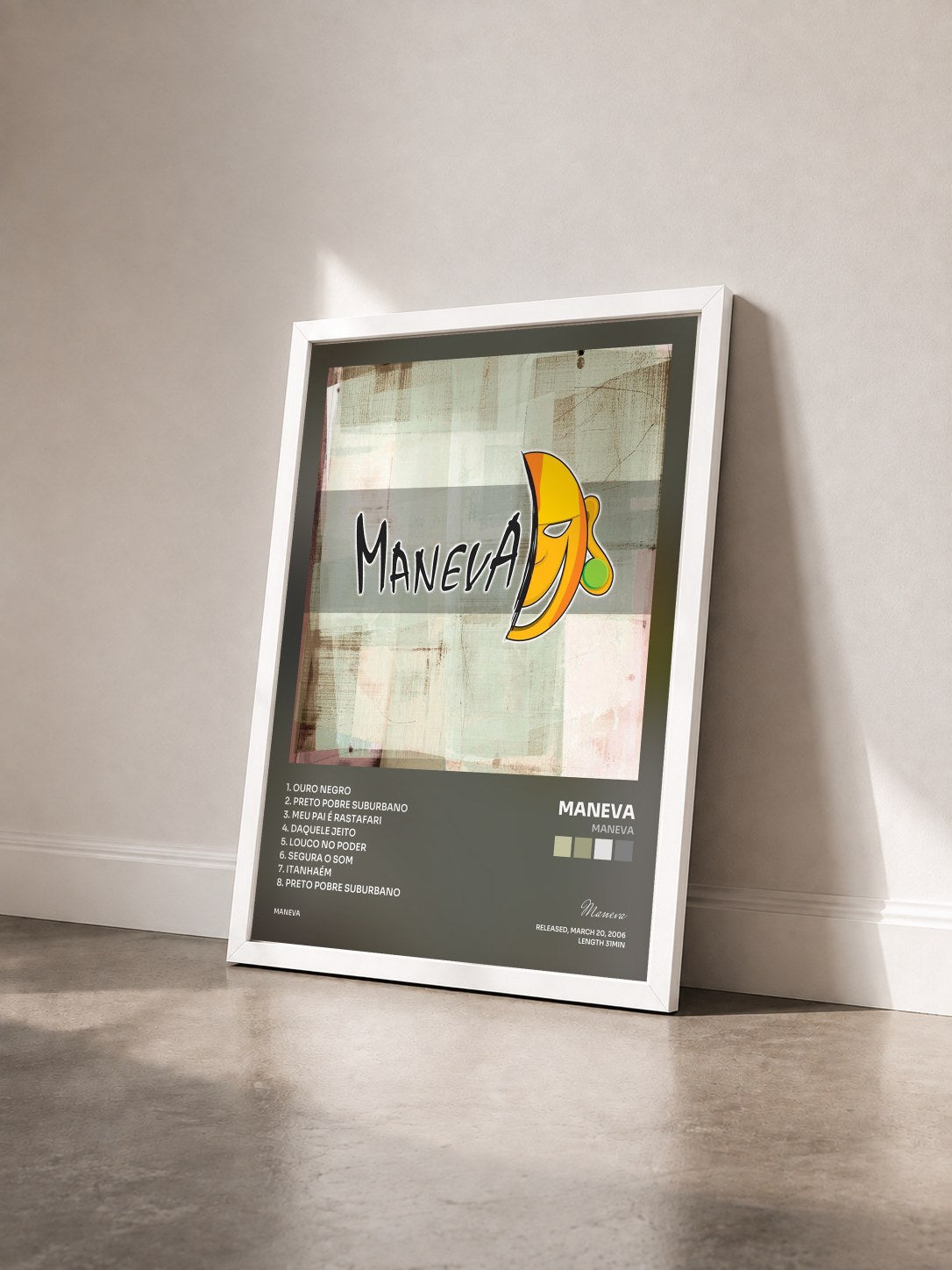 #blanc Tableau de l'album Maneva de Maneva vu de trois quarts, cadre blanc