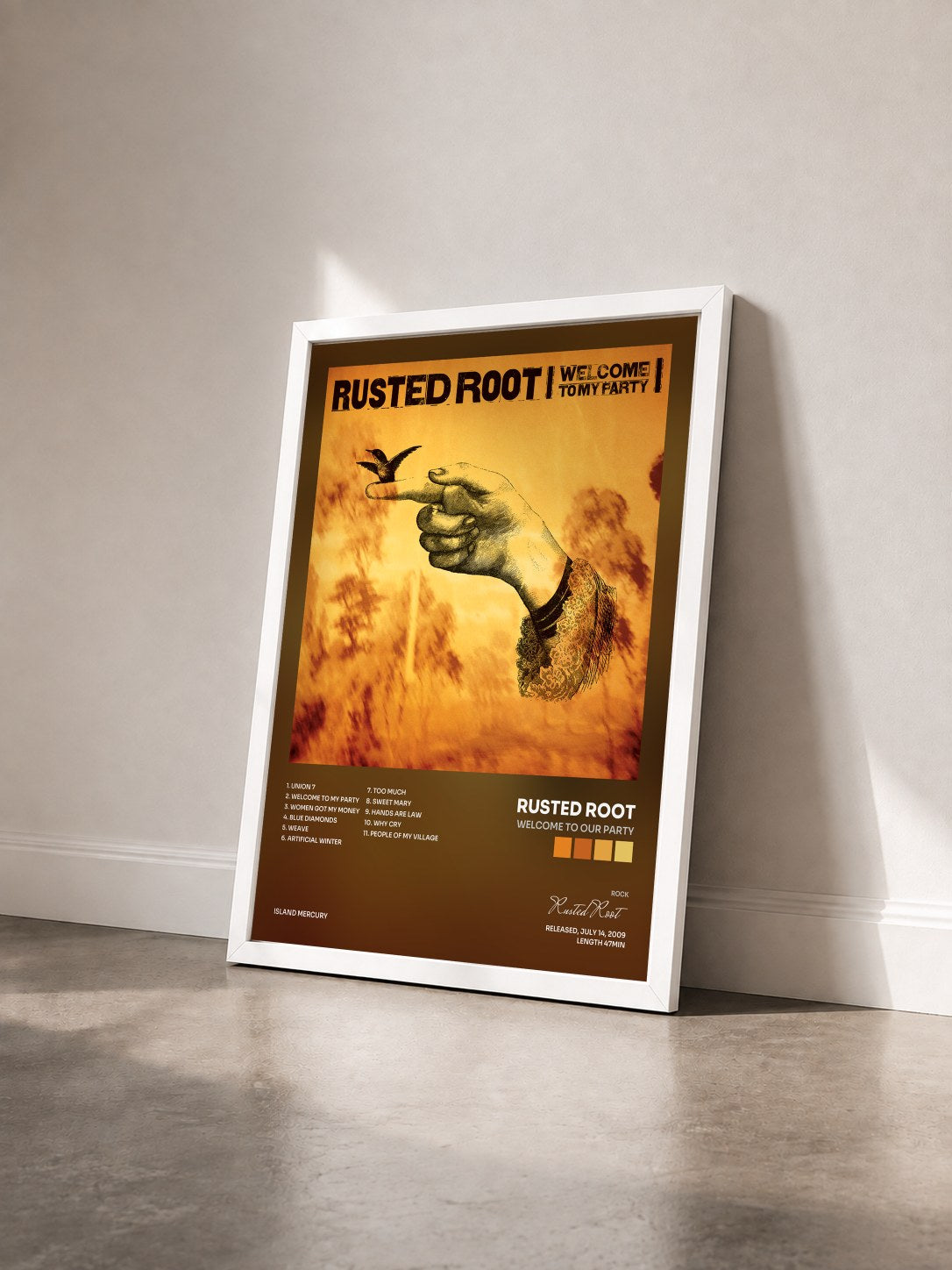 #blanc Tableau de l'album Welcome To Our Party de Rusted Root vu de trois quarts, cadre blanc