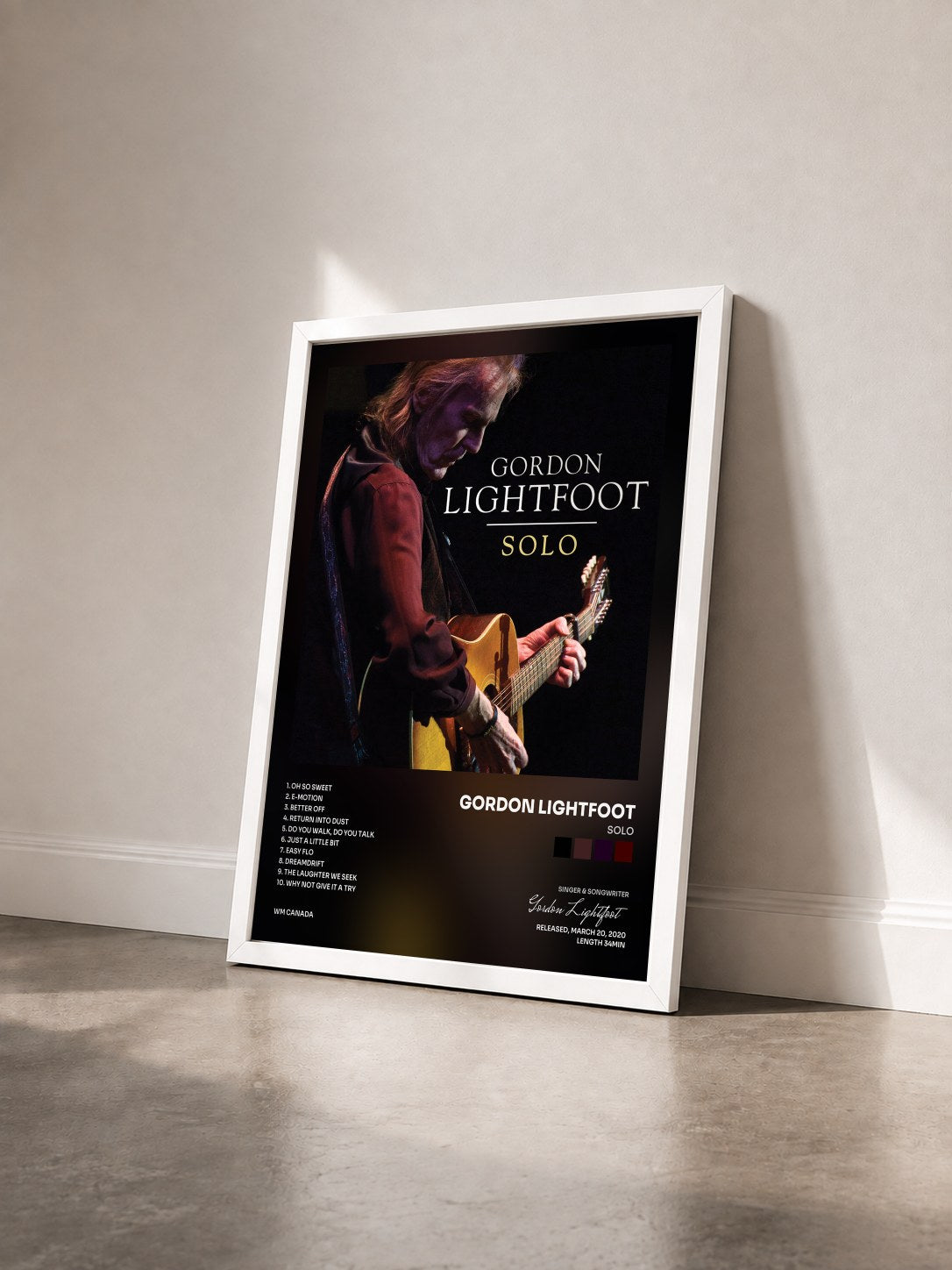 #blanc Tableau de l'album Solo de Gordon Lightfoot vu de trois quarts, cadre blanc