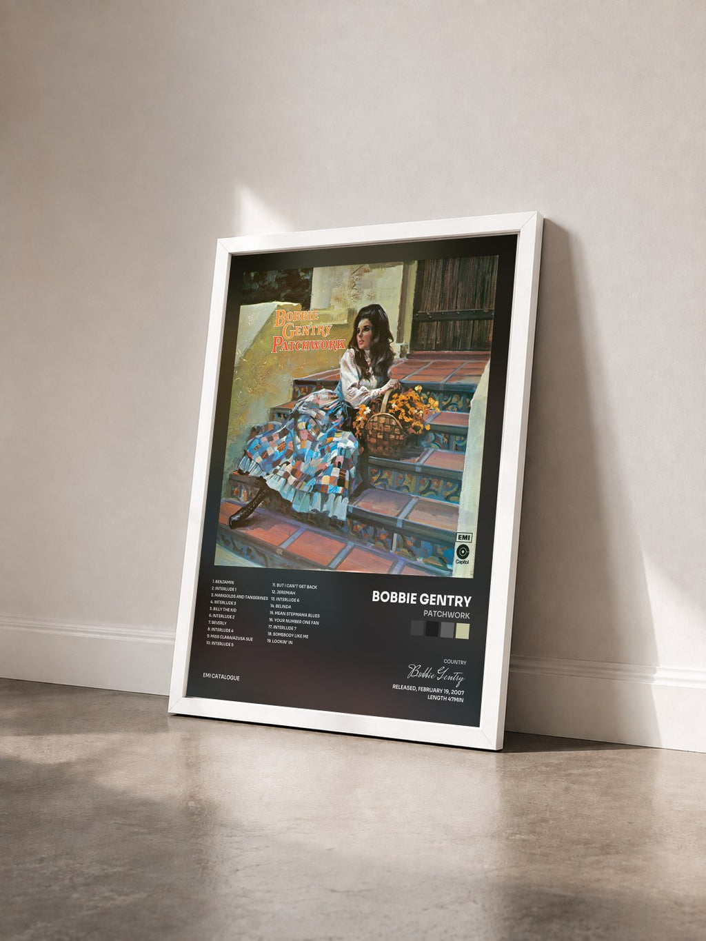 #blanc Tableau de l'album Patchwork de Bobbie Gentry vu de trois quarts, cadre blanc