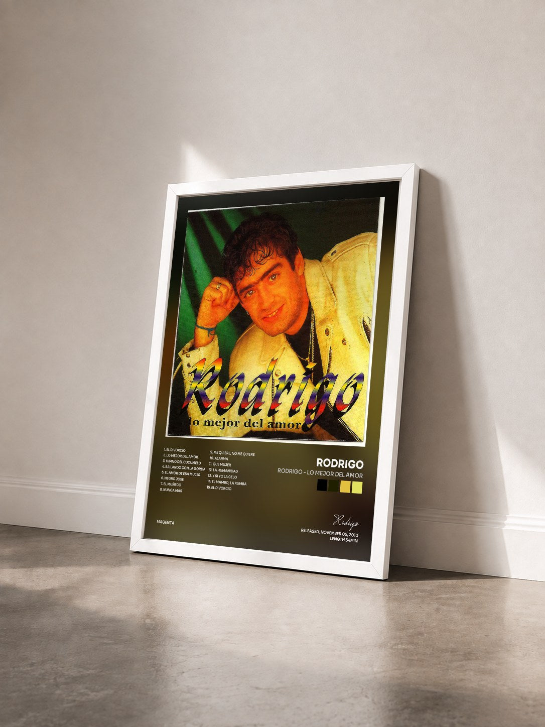 #blanc Tableau de l'album Rodrigo - Lo mejor del amor de Rodrigo vu de trois quarts, cadre blanc