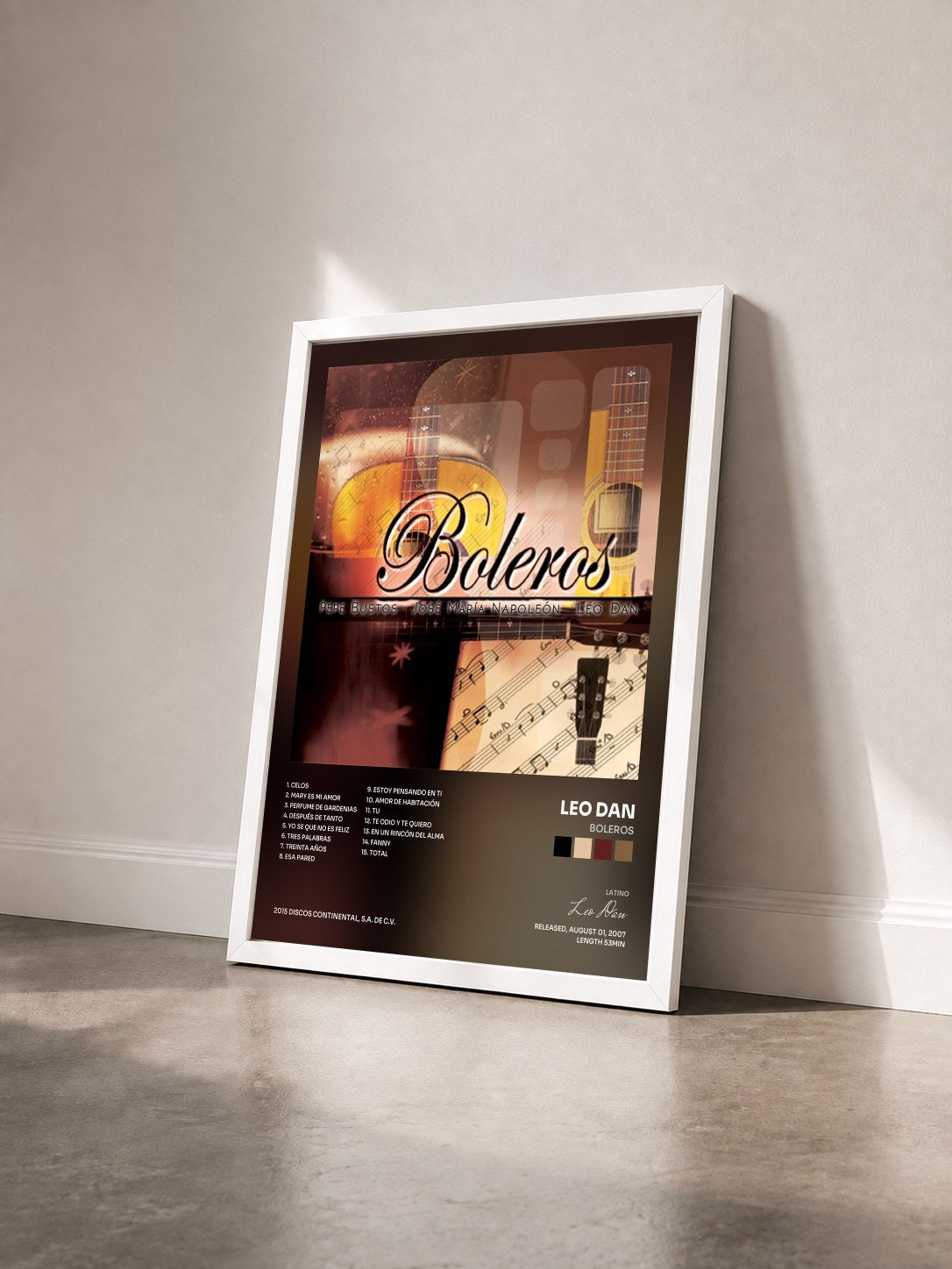 #blanc Tableau de l'album Boleros de Leo Dan vu de trois quarts, cadre blanc