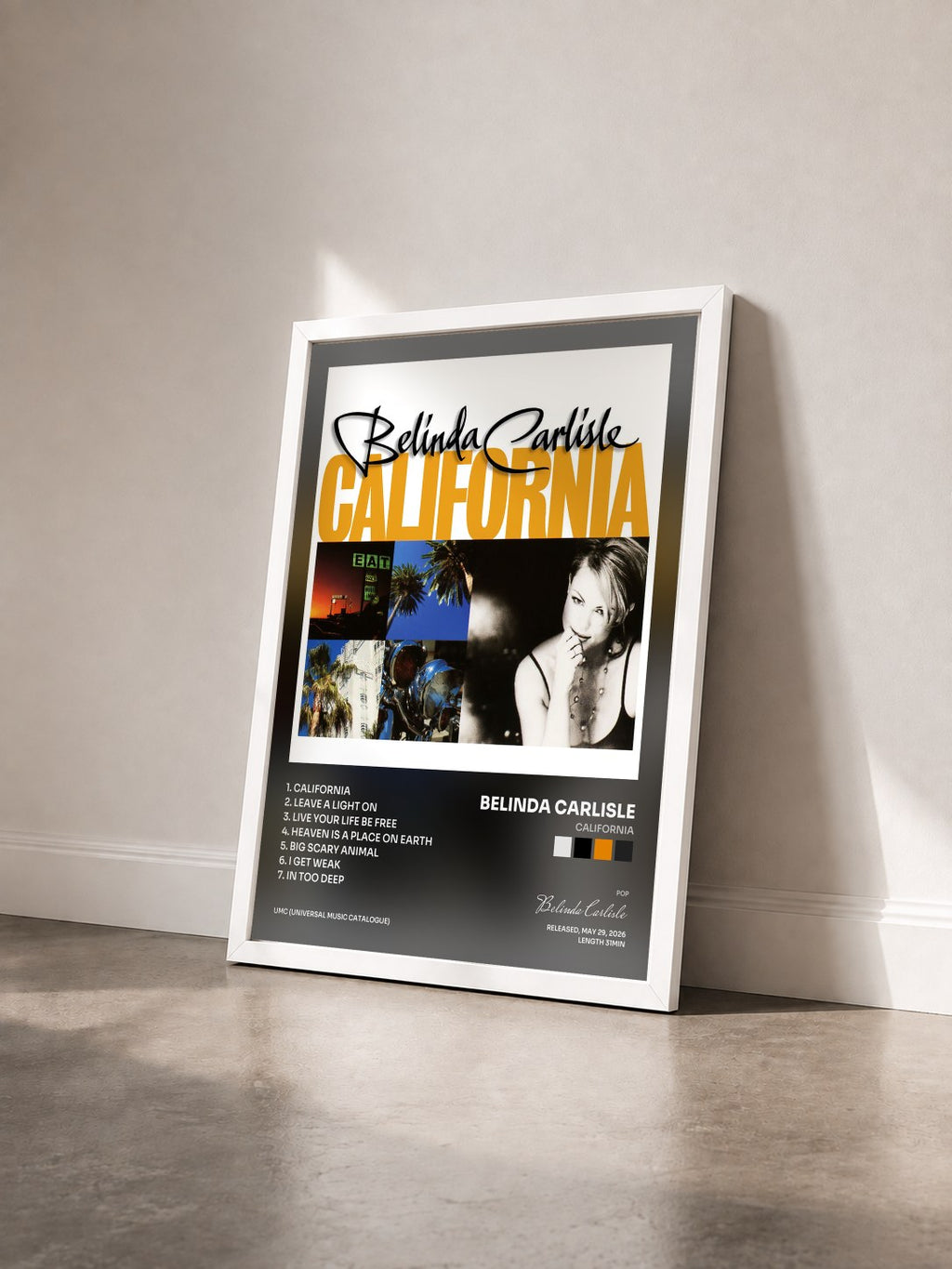 #blanc California by Belinda Carlisle as a framed art print seen at an angle, white frame