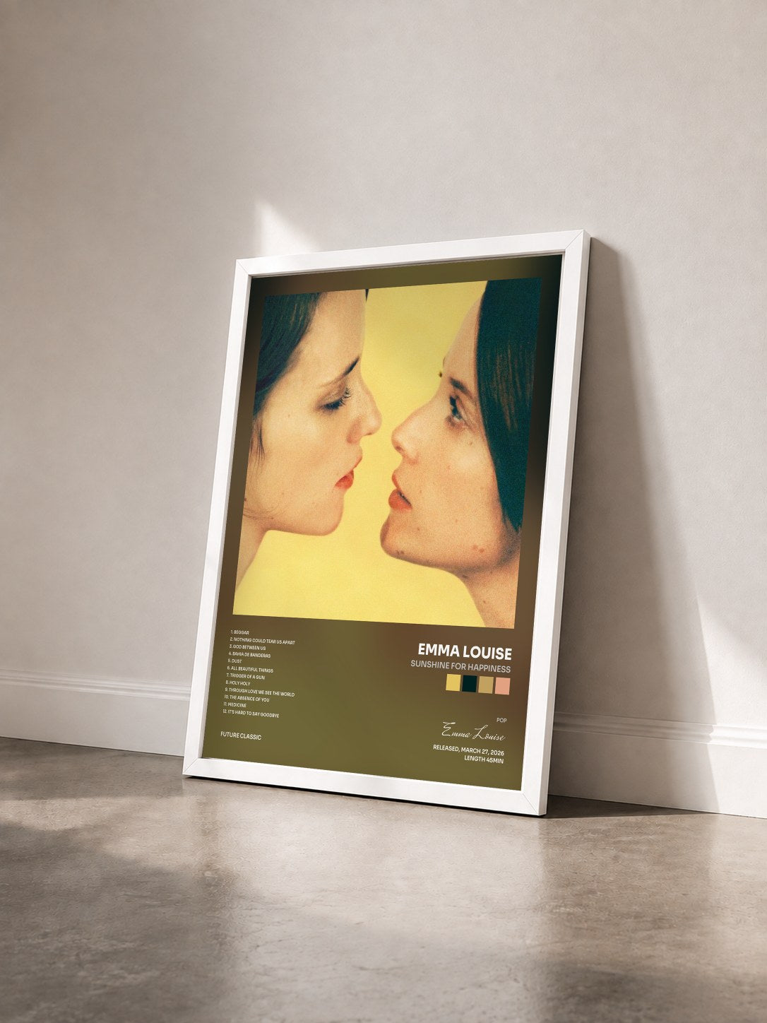 #blanc Tableau de l'album Sunshine For Happiness de Emma Louise vu de trois quarts, cadre blanc