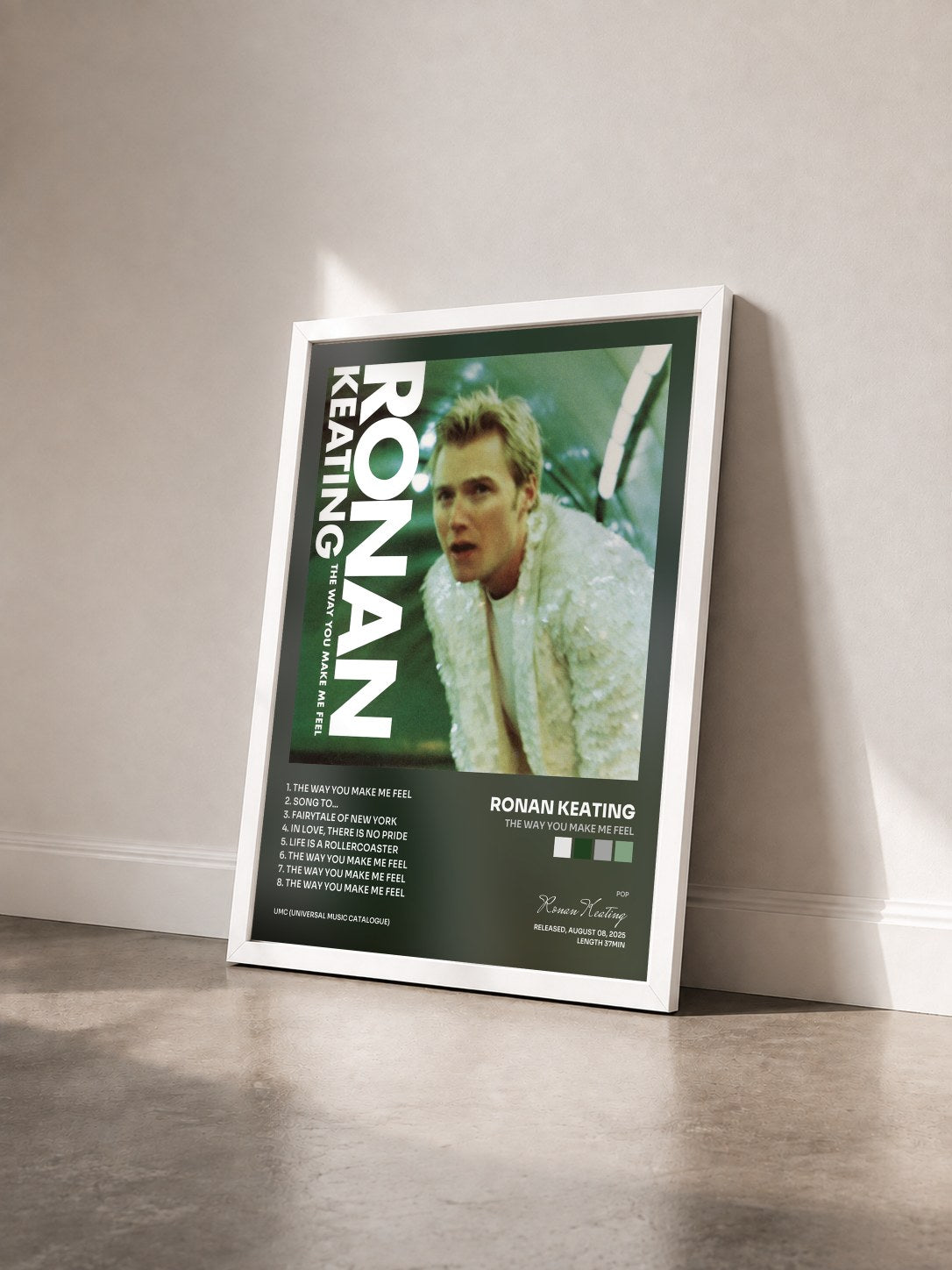 #blanc Tableau de l'album The Way You Make Me Feel de Ronan Keating vu de trois quarts, cadre blanc