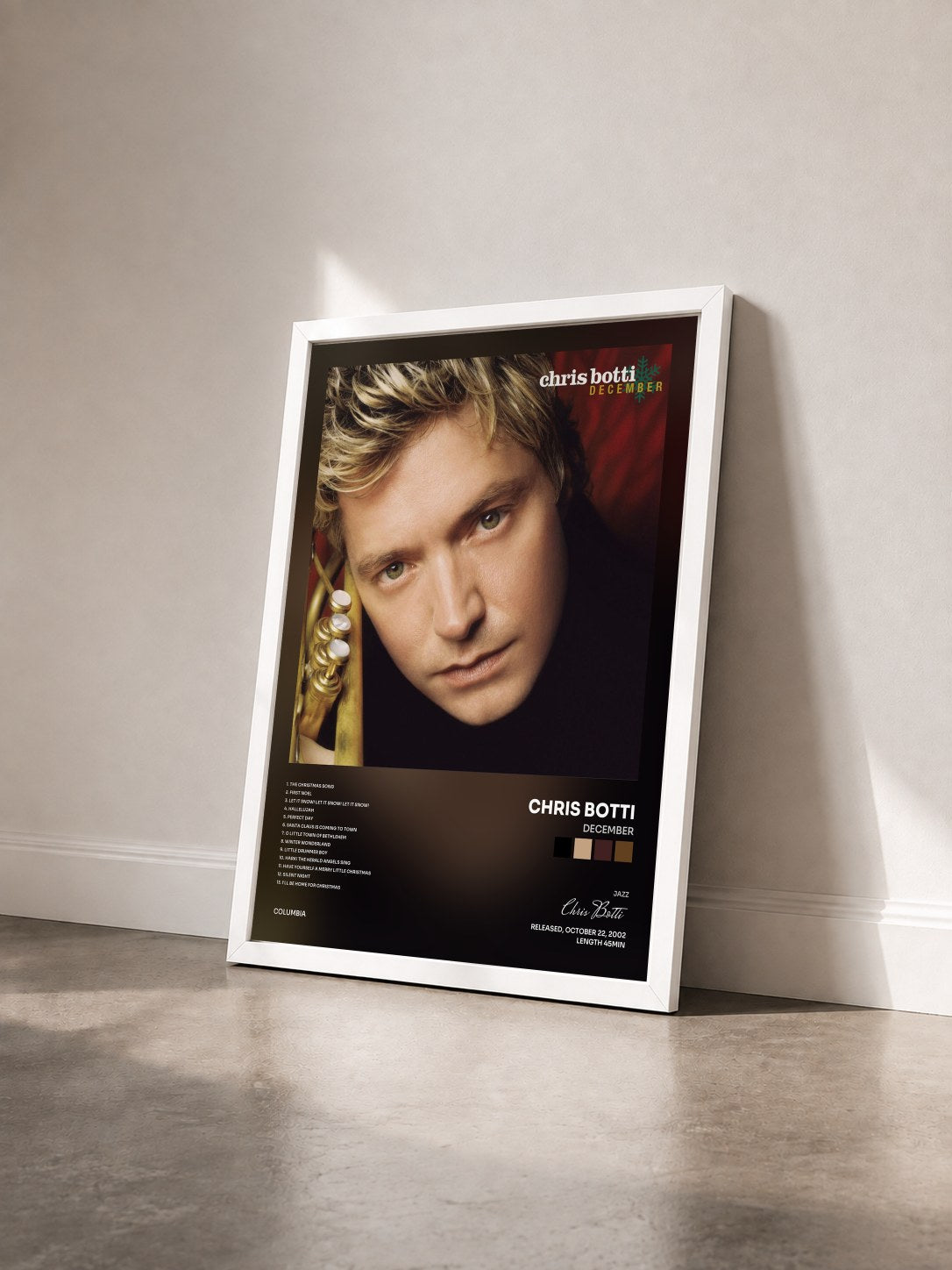 #blanc Tableau de l'album December de Chris Botti vu de trois quarts, cadre blanc