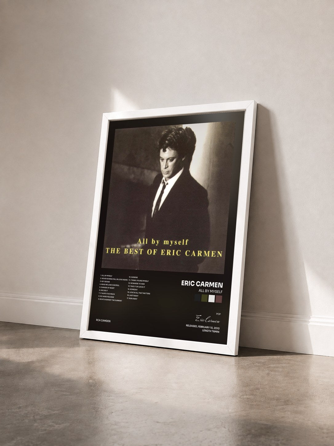 #blanc Tableau de l'album All By Myself de Eric Carmen vu de trois quarts, cadre blanc
