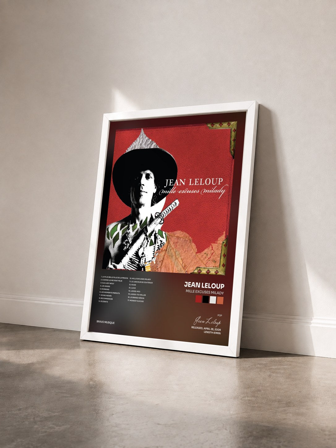 #blanc Tableau de l'album Mille excuses Milady de Jean Leloup vu de trois quarts, cadre blanc