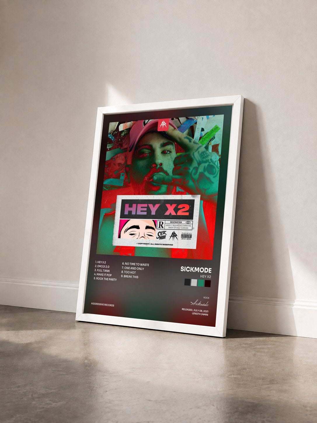 #blanc Tableau de l'album HEY X2 de Sickmode vu de trois quarts, cadre blanc