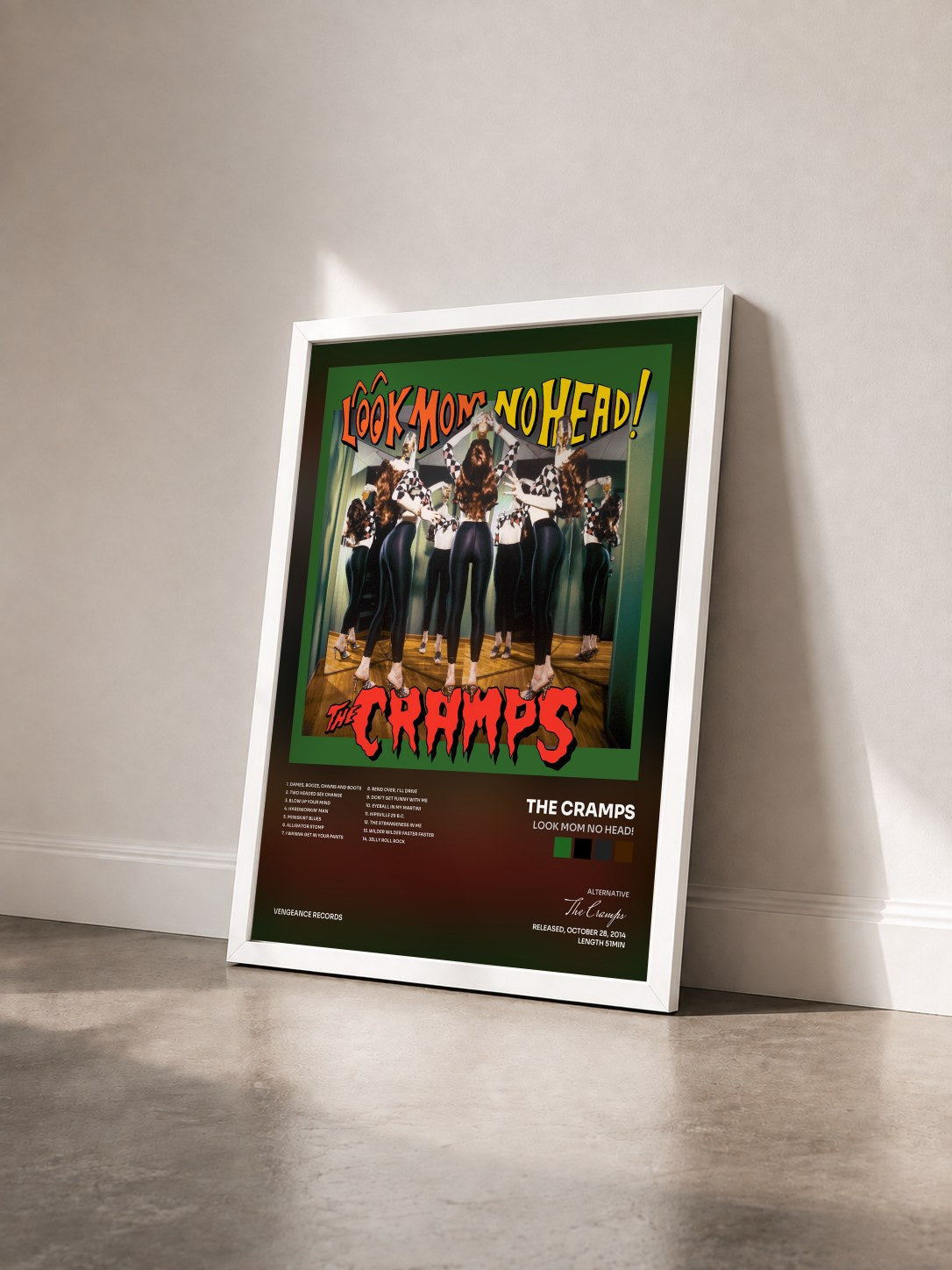 #blanc Tableau de l'album Look Mom No Head! de The Cramps vu de trois quarts, cadre blanc
