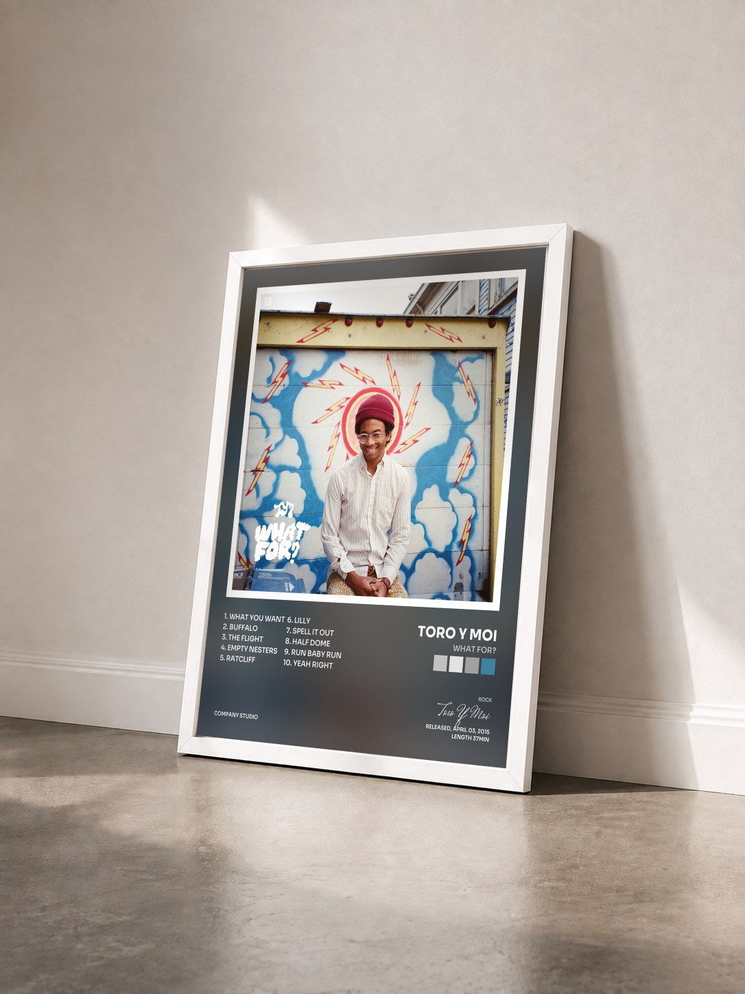 #blanc Tableau de l'album What For? de Toro Y Moi vu de trois quarts, cadre blanc