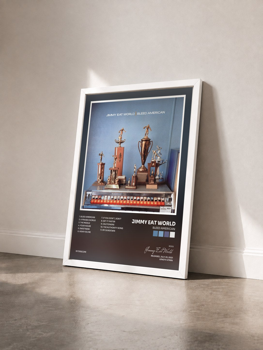 #blanc Tableau de l'album Bleed American de Jimmy Eat World vu de trois quarts, cadre blanc