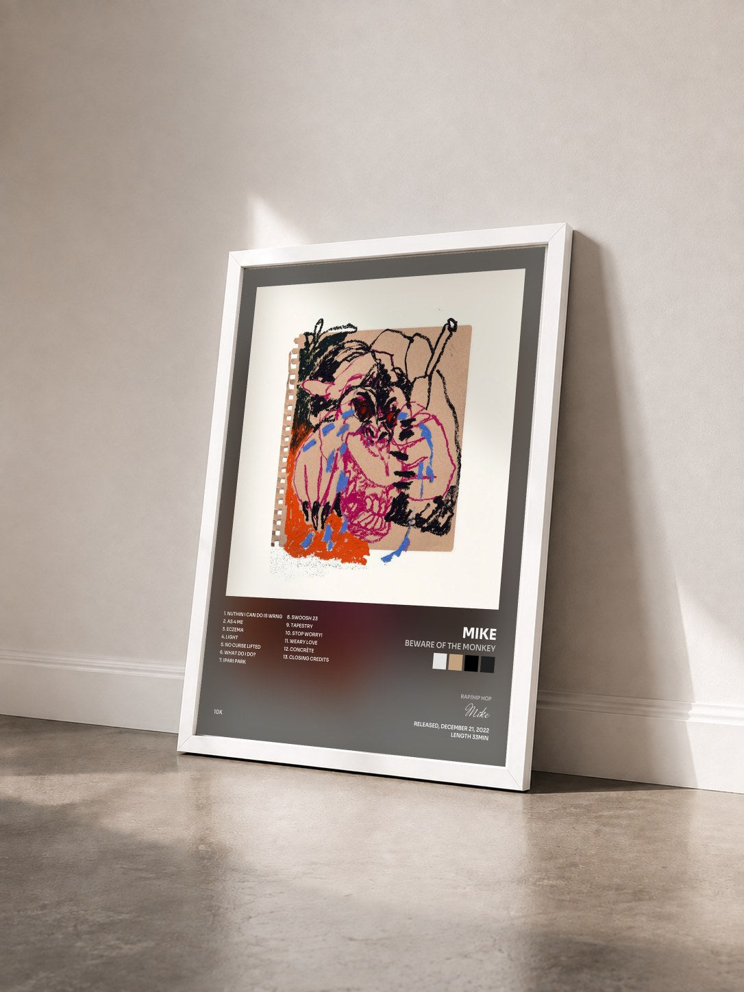 #blanc Tableau de l'album Beware of the Monkey de Mike vu de trois quarts, cadre blanc