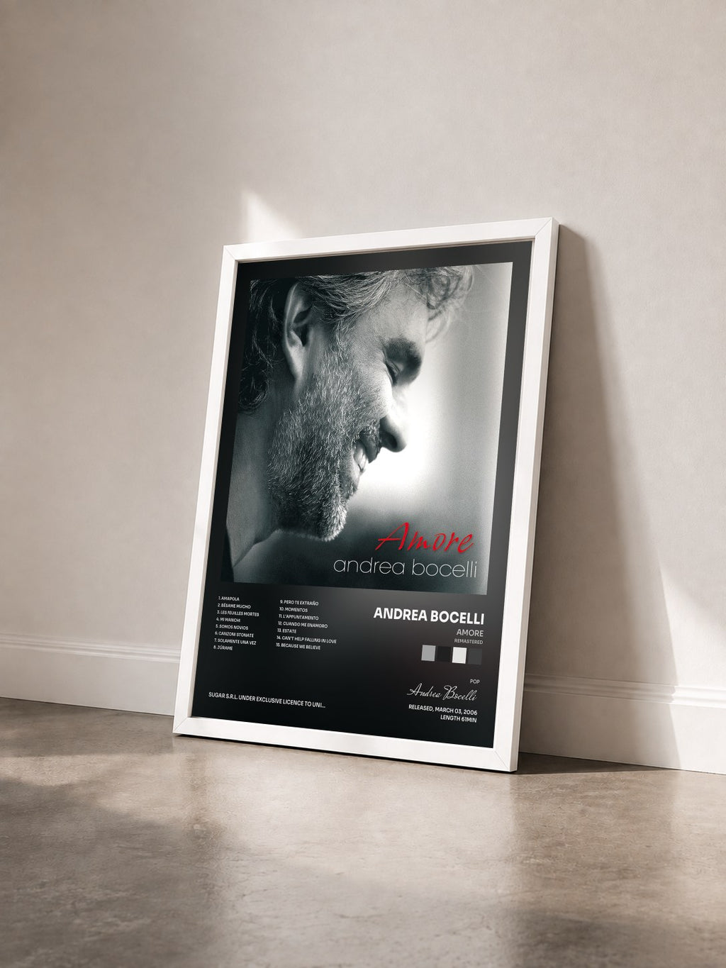 #blanc Tableau de l'album Amore (Remastered) de Andrea Bocelli vu de trois quarts, cadre blanc