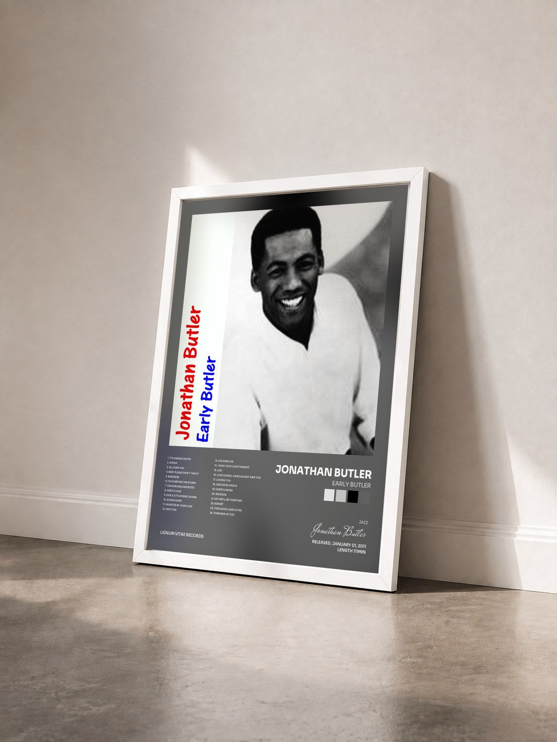 #blanc Tableau de l'album Early Butler de Jonathan Butler vu de trois quarts, cadre blanc