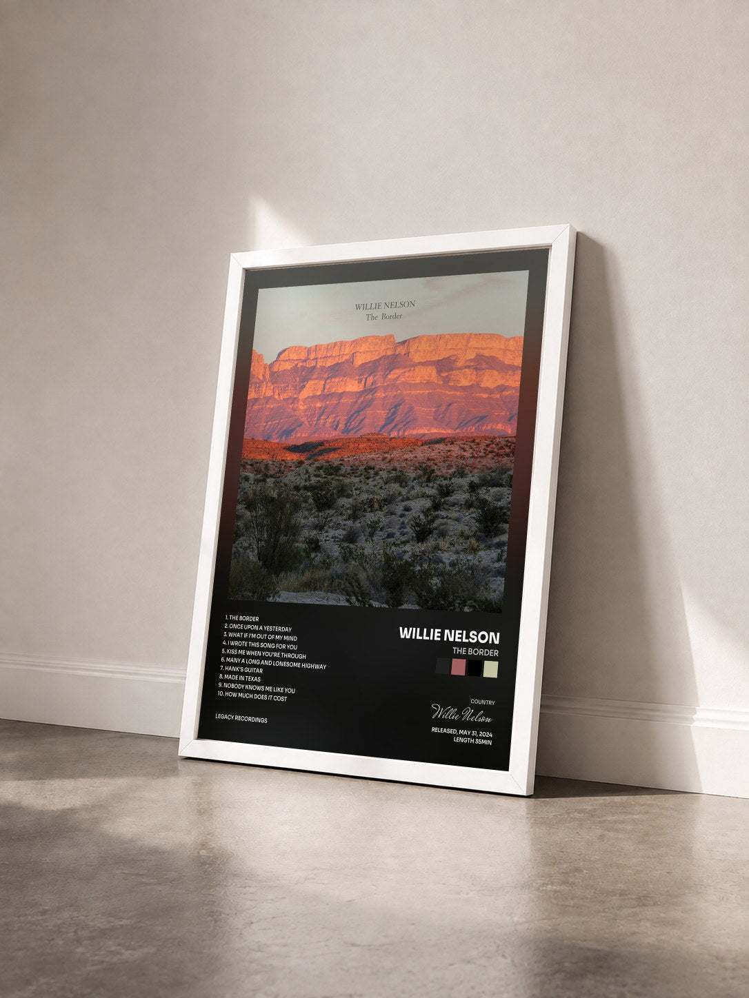 #blanc Tableau de l'album The Border de Willie Nelson vu de trois quarts, cadre blanc