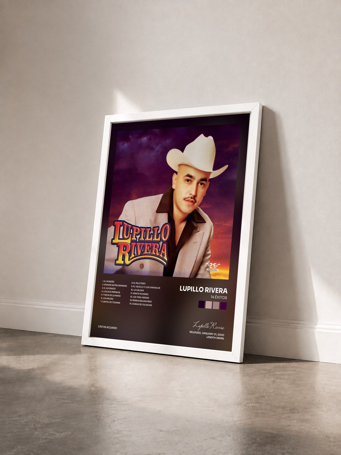 #blanc Tableau de l'album 14 Éxitos de Lupillo Rivera vu de trois quarts, cadre blanc