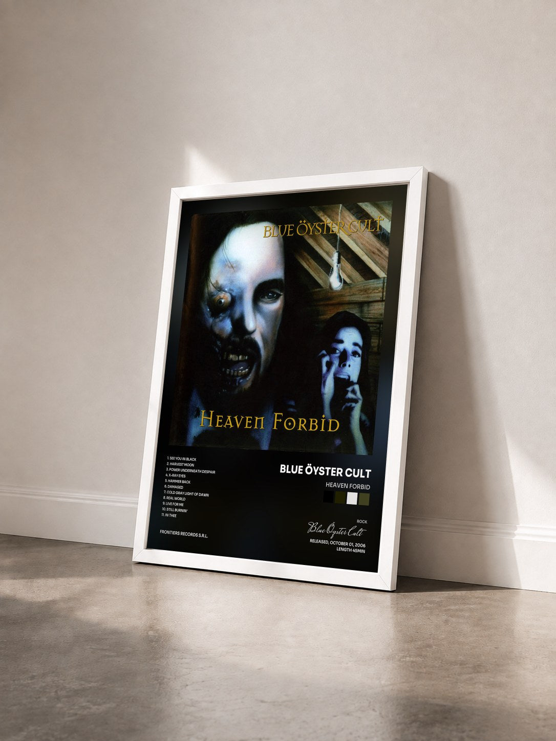 #blanc Tableau de l'album Heaven Forbid de Blue Öyster Cult vu de trois quarts, cadre blanc