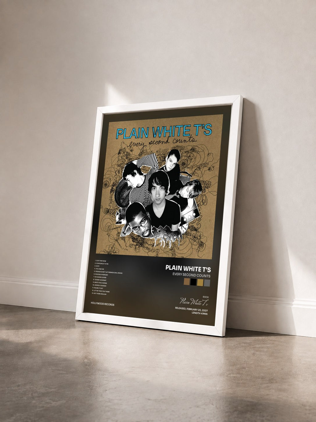 #blanc Tableau de l'album Every Second Counts de Plain White T's vu de trois quarts, cadre blanc