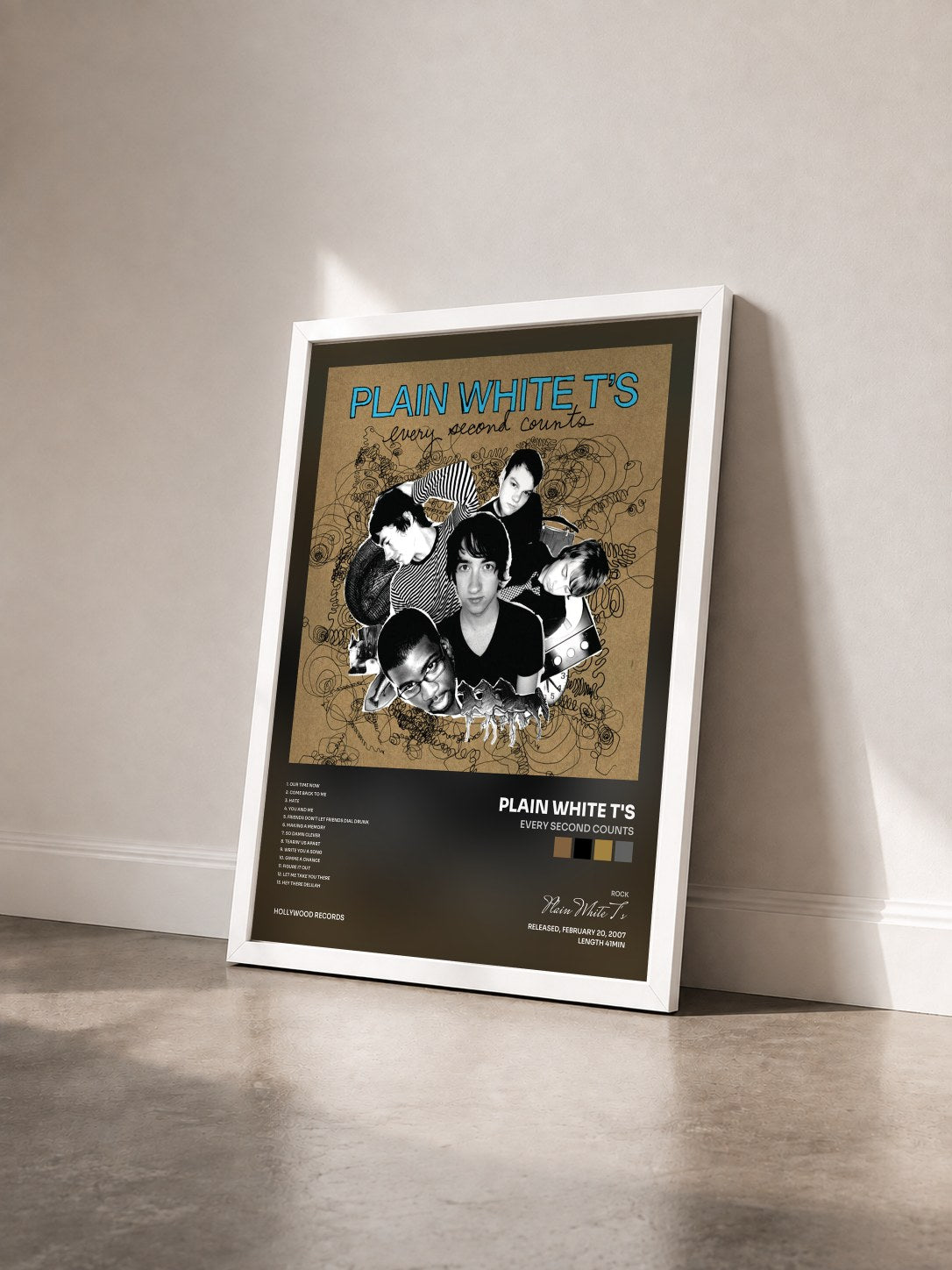 #blanc Tableau de l'album Every Second Counts de Plain White T's vu de trois quarts, cadre blanc