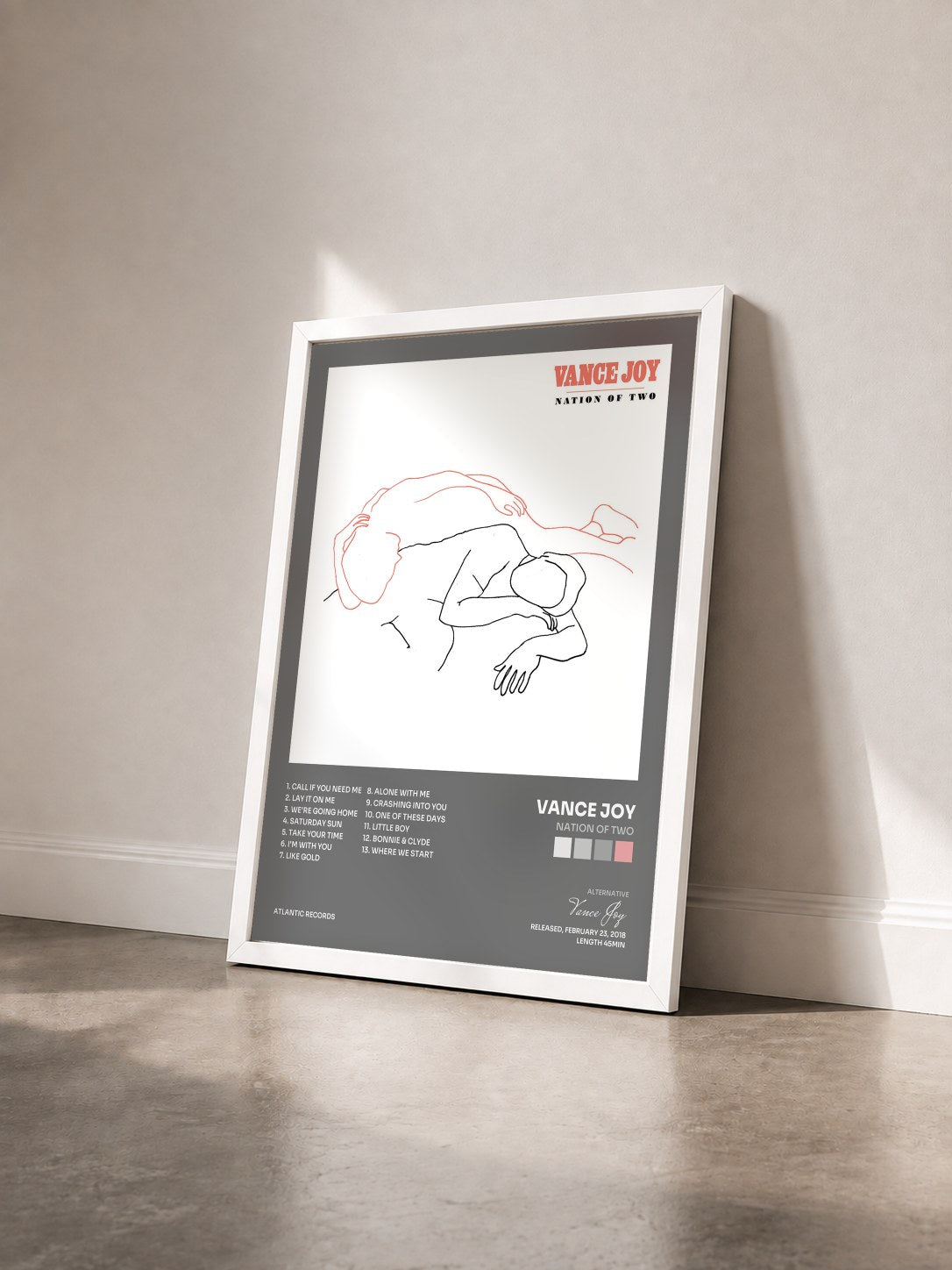 #blanc Tableau de l'album Nation of Two de Vance Joy vu de trois quarts, cadre blanc