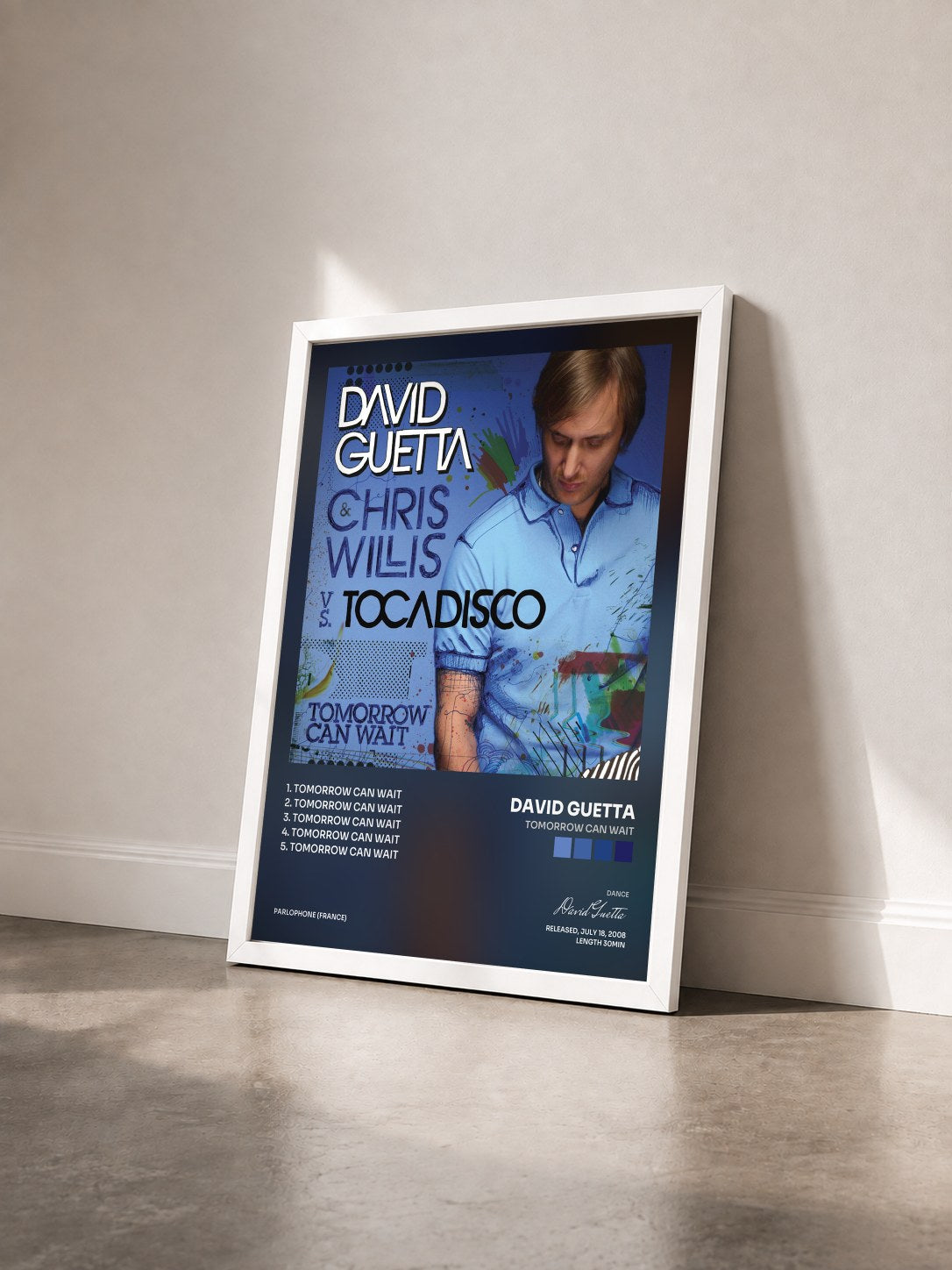 #blanc Tableau de l'album Tomorrow Can Wait de David Guetta vu de trois quarts, cadre blanc
