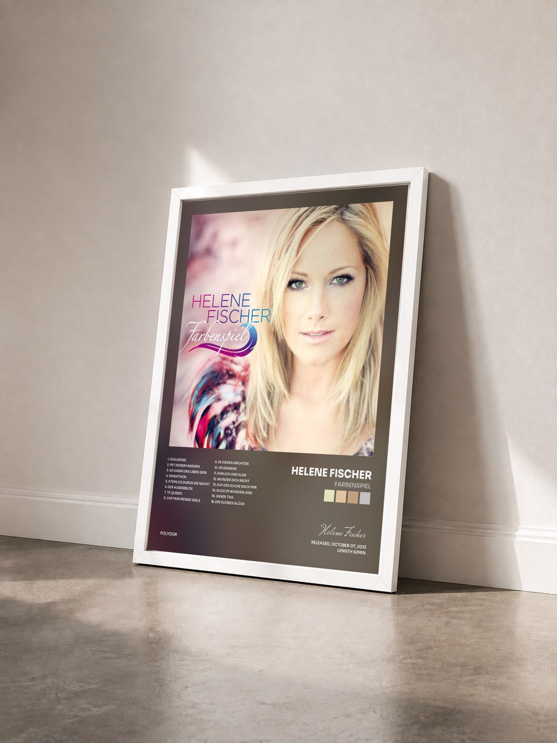 #blanc Tableau de l'album Farbenspiel de Helene Fischer vu de trois quarts, cadre blanc