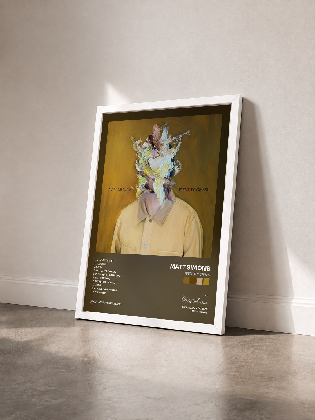 #blanc Tableau de l'album Identity Crisis de Matt Simons vu de trois quarts, cadre blanc