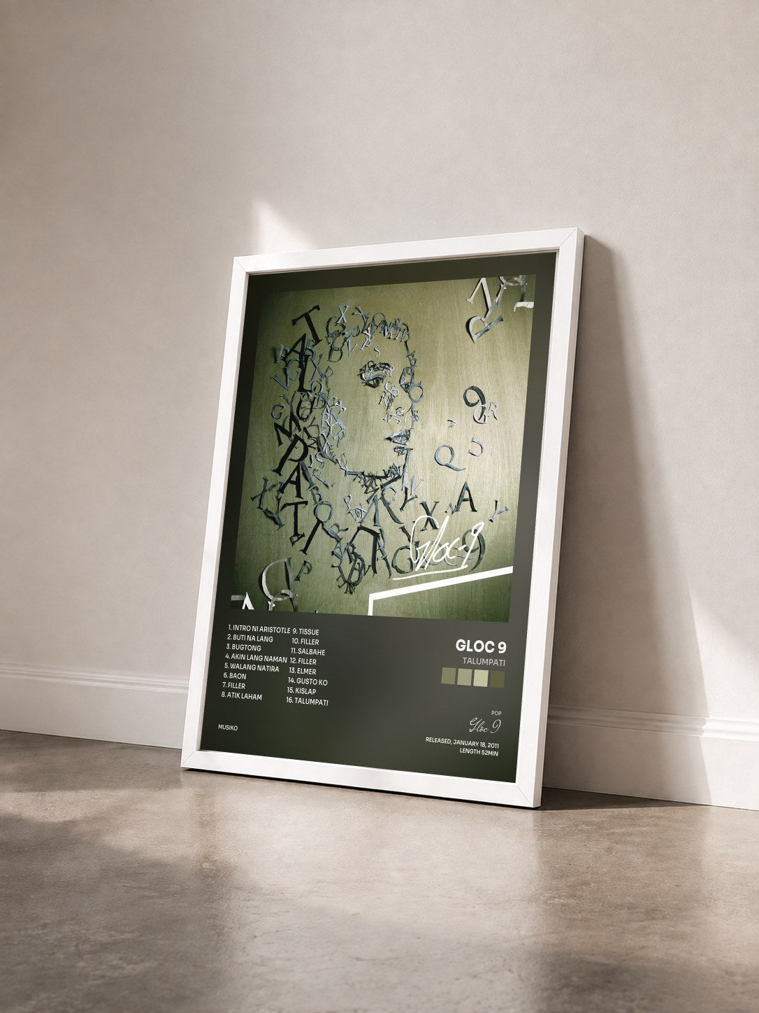 #blanc Tableau de l'album Talumpati de Gloc 9 vu de trois quarts, cadre blanc