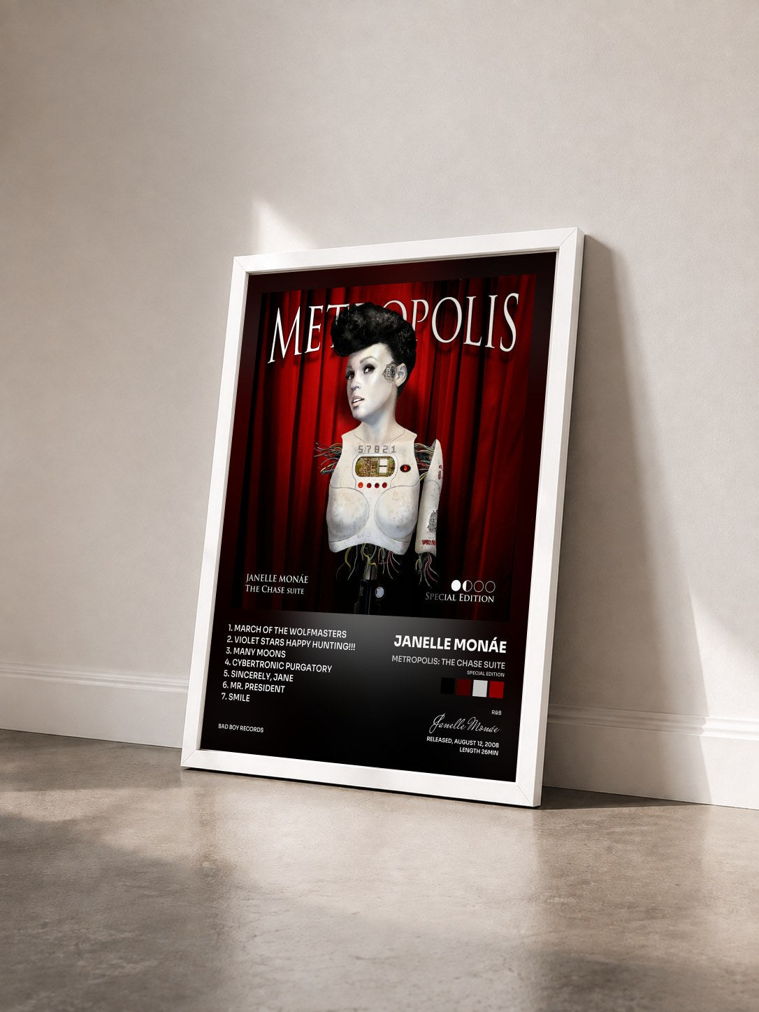 #blanc Tableau de l'album Metropolis: The Chase Suite (Special Edition) de Janelle Monáe vu de trois quarts, cadre blanc