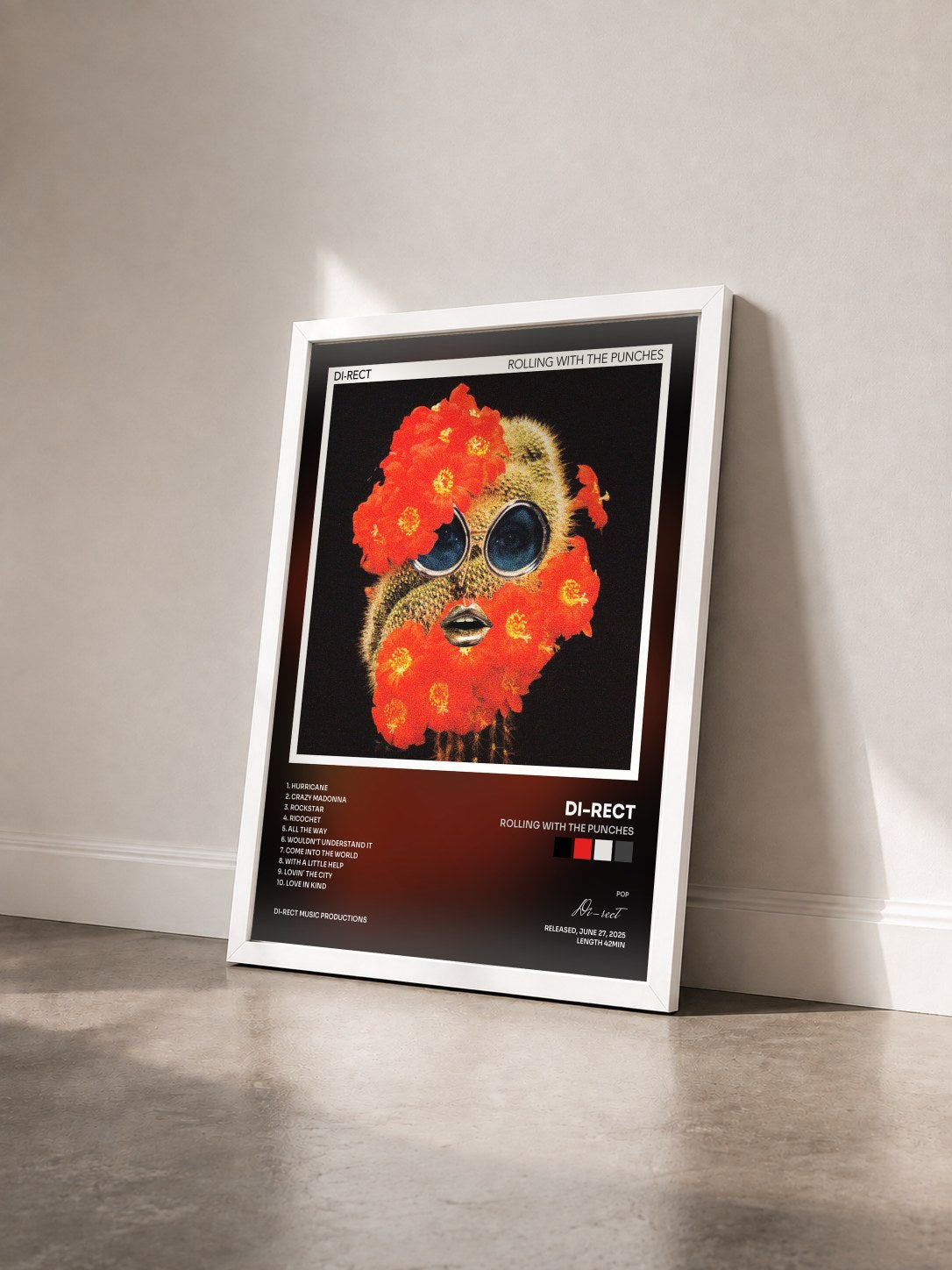 #blanc Tableau de l'album Rolling With The Punches de Di-rect vu de trois quarts, cadre blanc