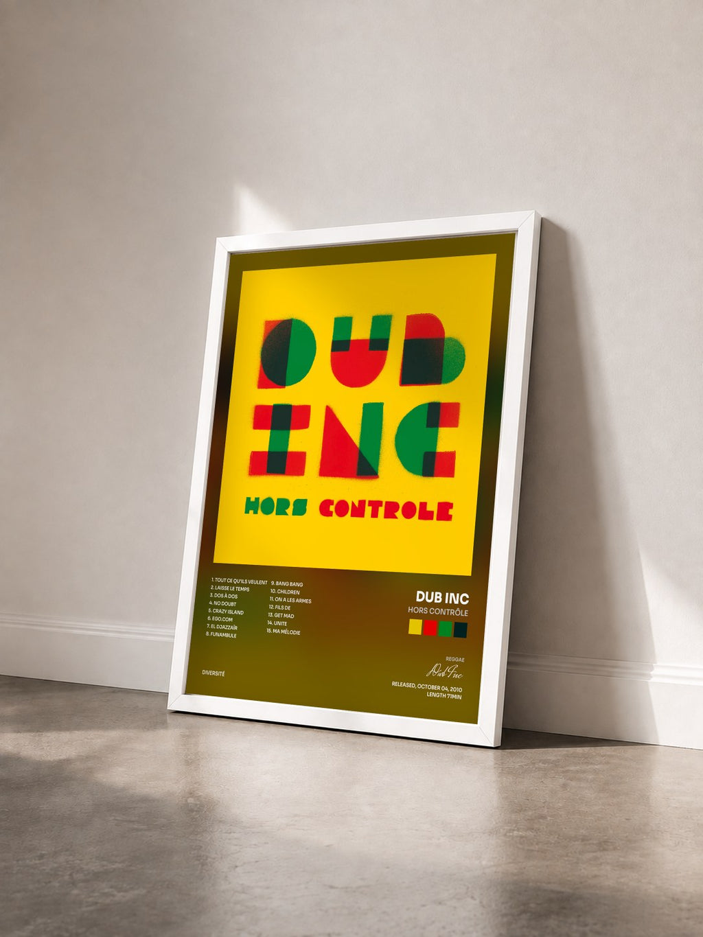#blanc Tableau de l'album Hors contrôle de Dub Inc vu de trois quarts, cadre blanc