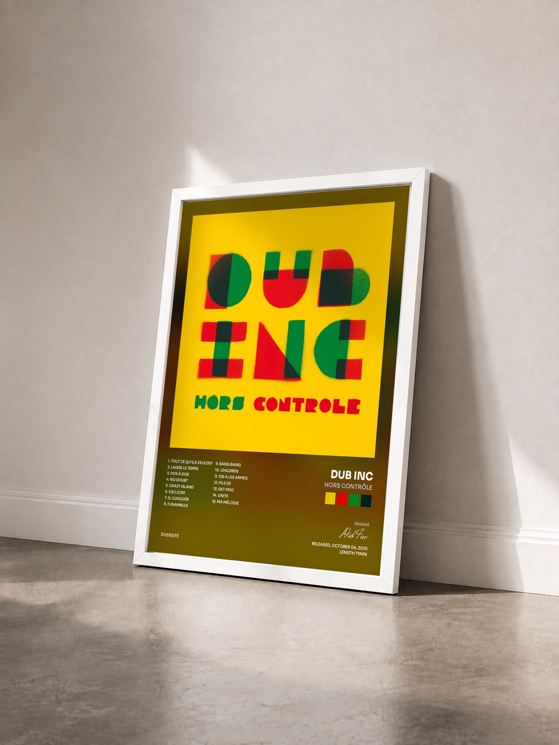 #blanc Tableau de l'album Hors contrôle de Dub Inc vu de trois quarts, cadre blanc