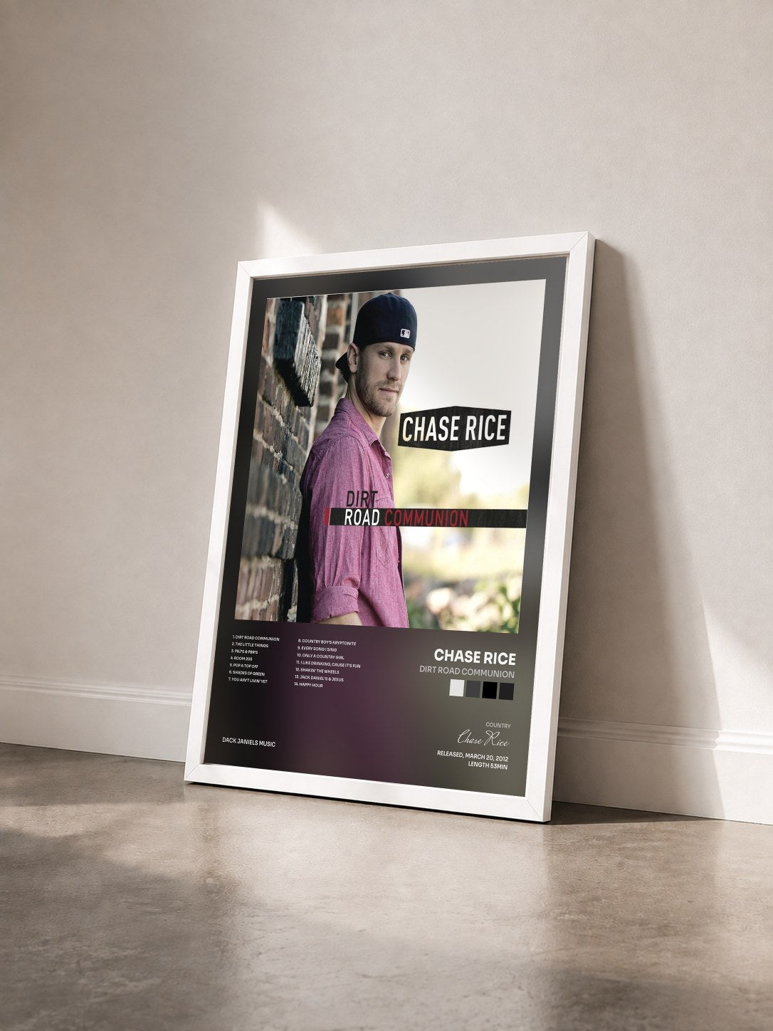 #blanc Tableau de l'album Dirt Road Communion de Chase Rice vu de trois quarts, cadre blanc