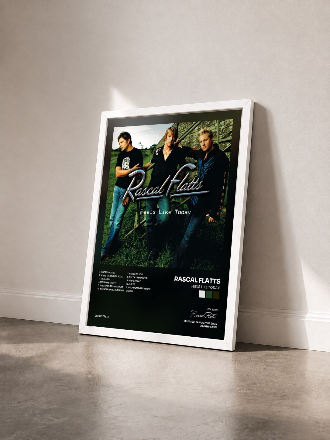 #blanc Tableau de l'album Feels Like Today de Rascal Flatts vu de trois quarts, cadre blanc