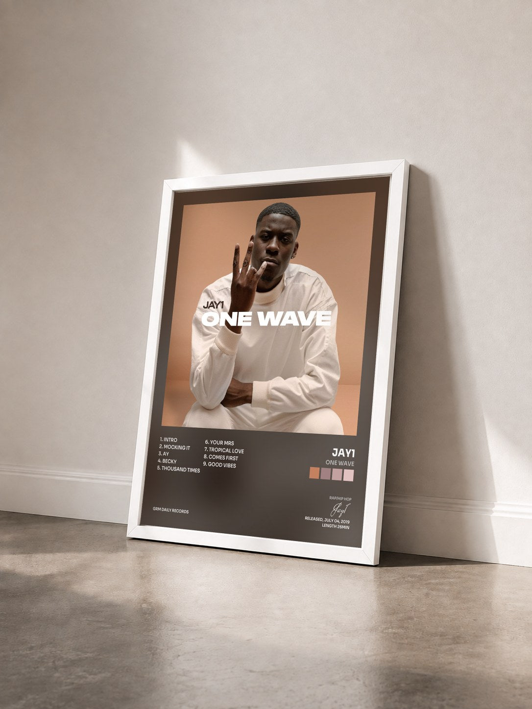#blanc Tableau de l'album One Wave de Jay1 vu de trois quarts, cadre blanc